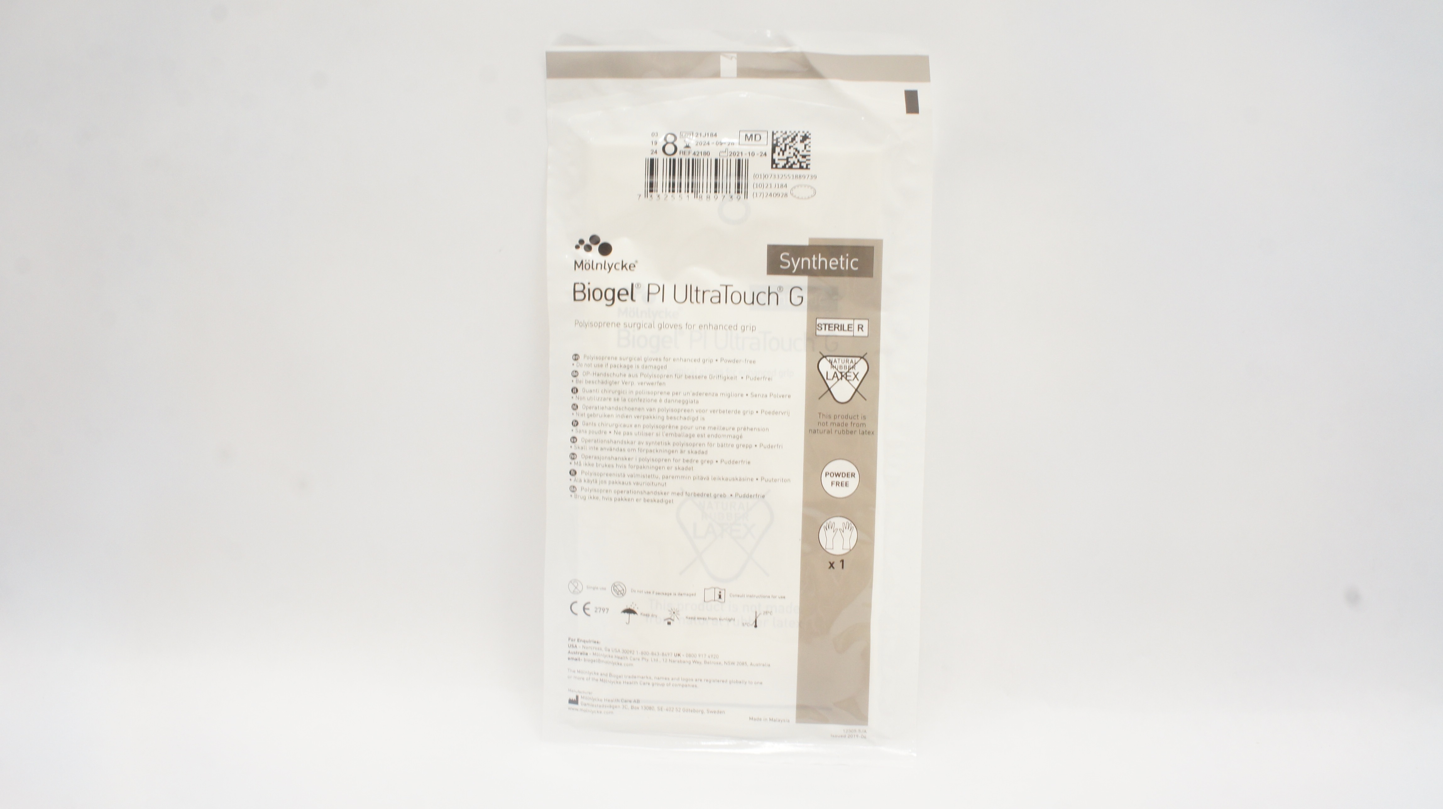 Molnlycke HealthCare 42180 Biogel Pl UltraTouch G Synthetic Surgical Gloves 8