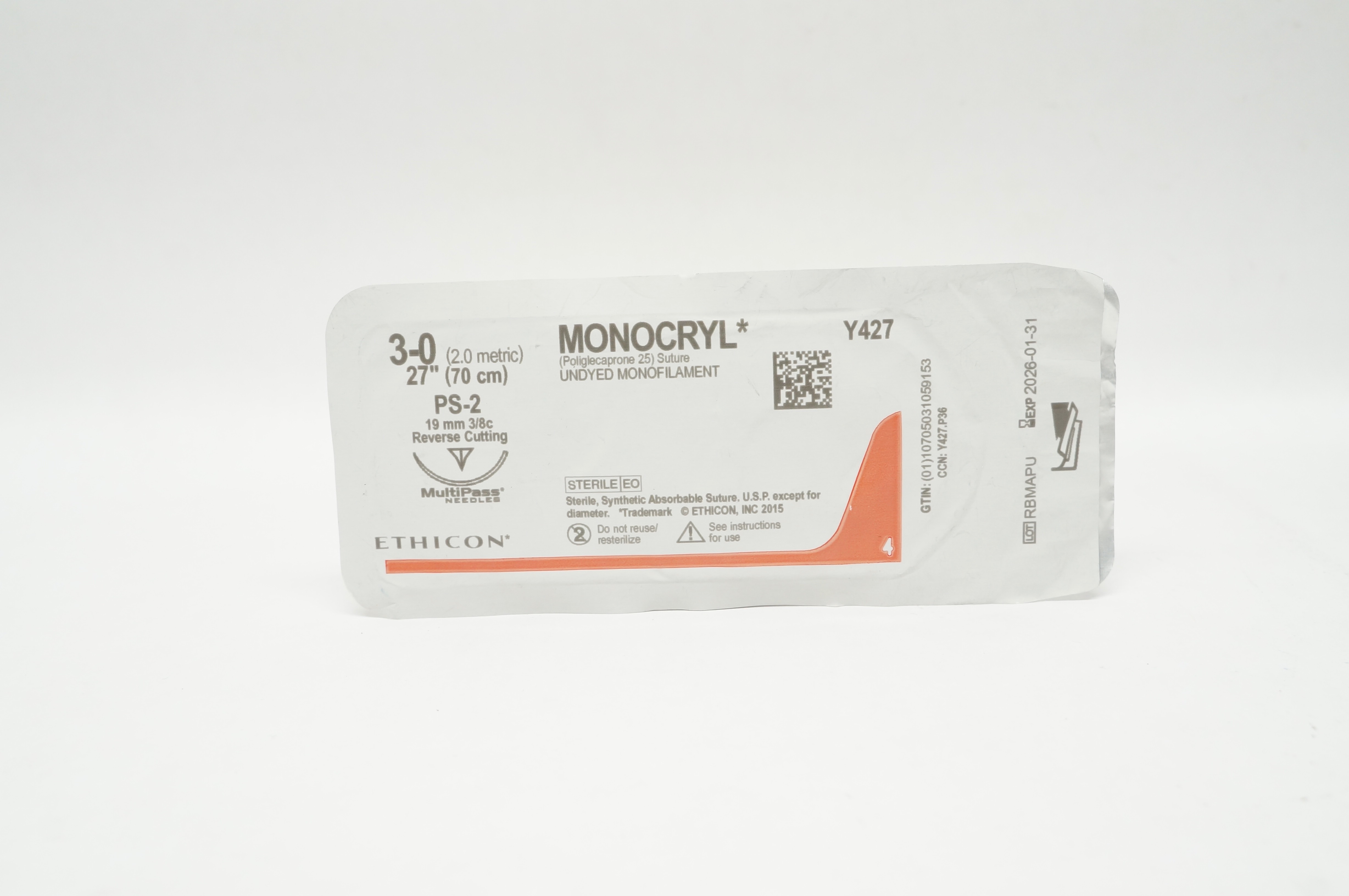 Ethicon Y427 3-0 MONOCRYL Undyed PS-2 19mm 3/8c Reverse Cutting 27inch