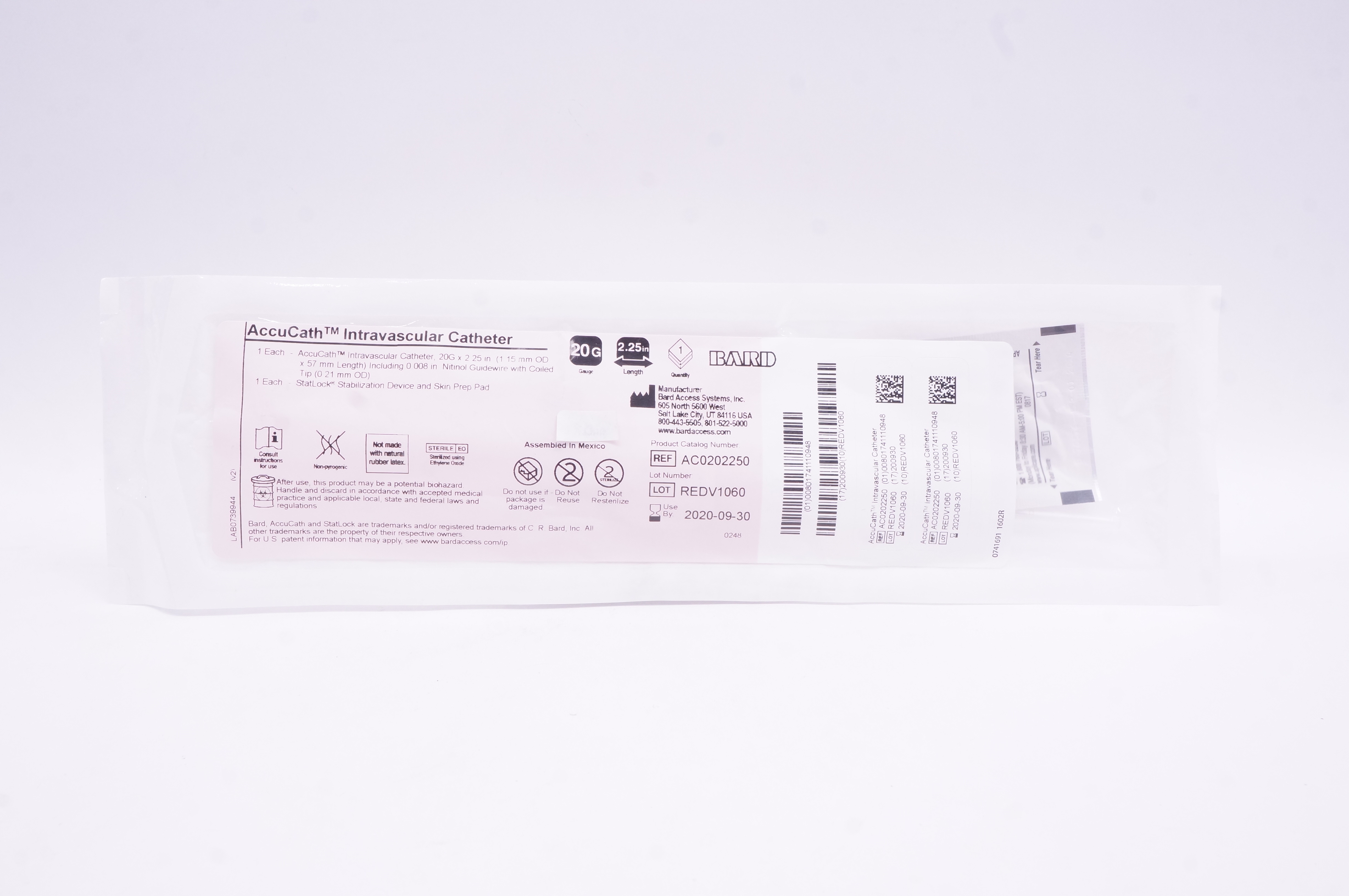 Bard AC0202250 AccuCath Intravascular Cath. 20G x 2.25 inch (x)