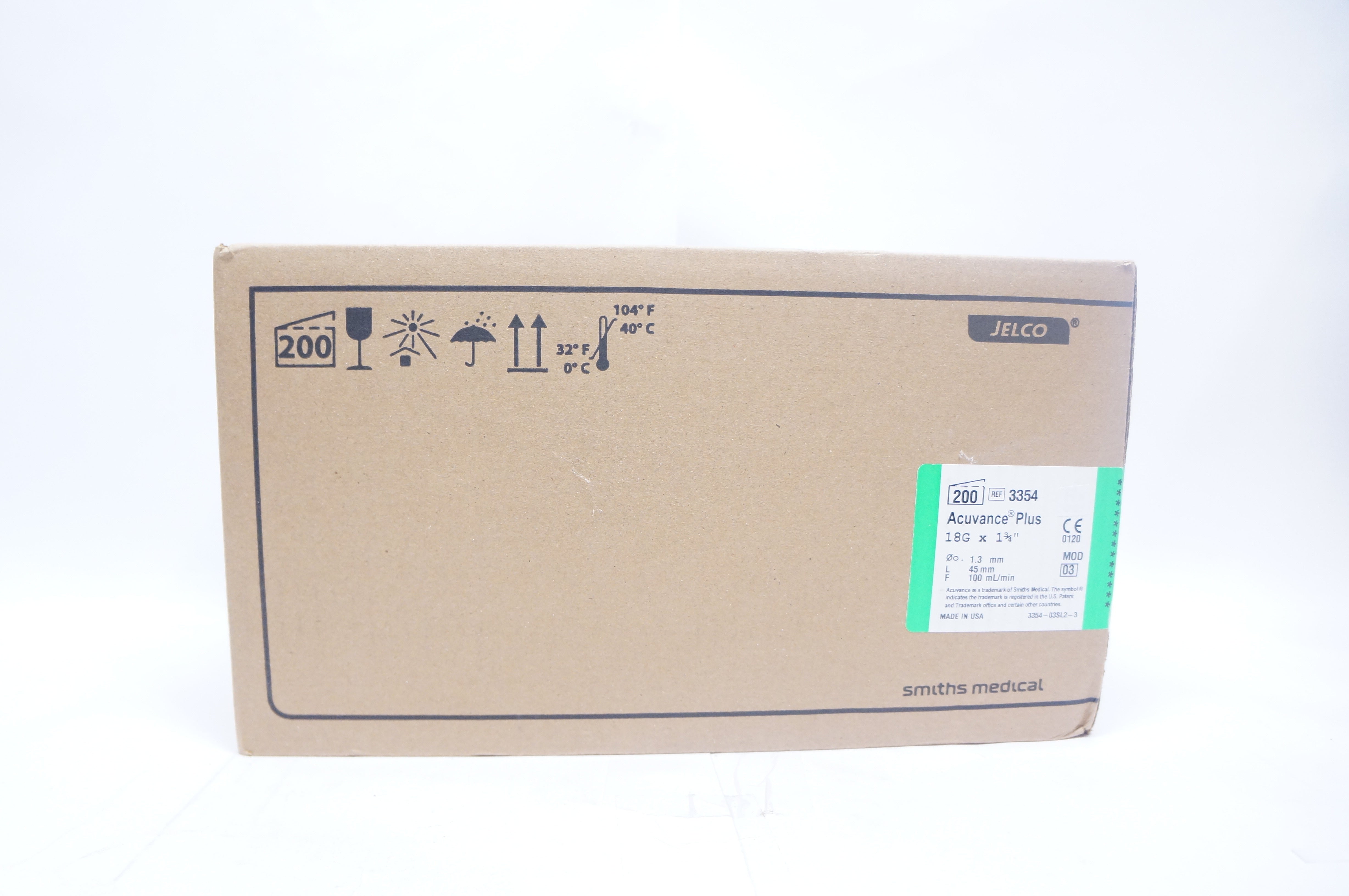 Smiths Medical 3354 JELCO Acuvance Plus IV Cath. 18G x 1-3/4inch - Case of 200