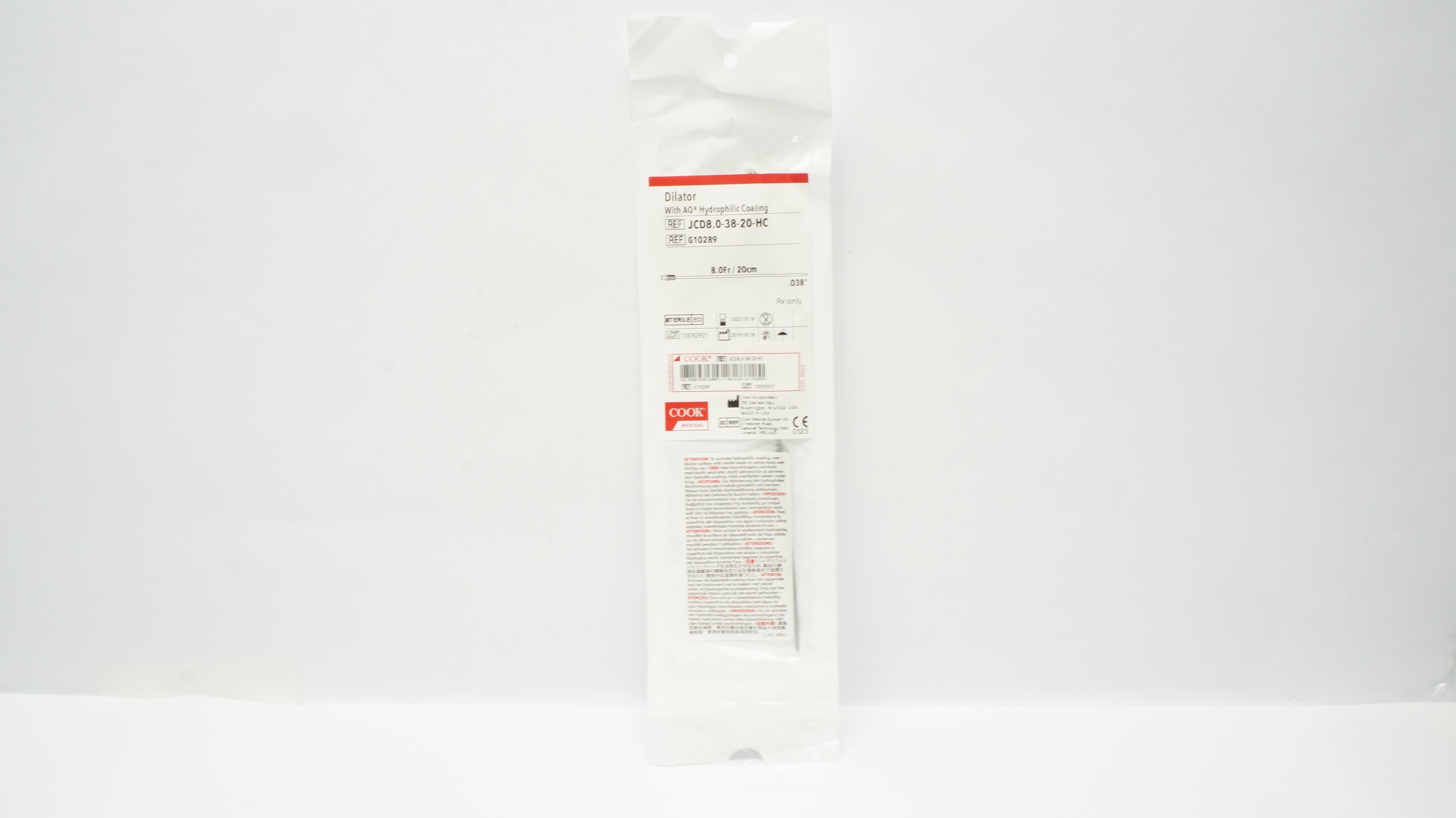 Cook Medical G10289 Dilator w/ AQ Hydrophilic Coating 8.0Fr x .038inch (x)