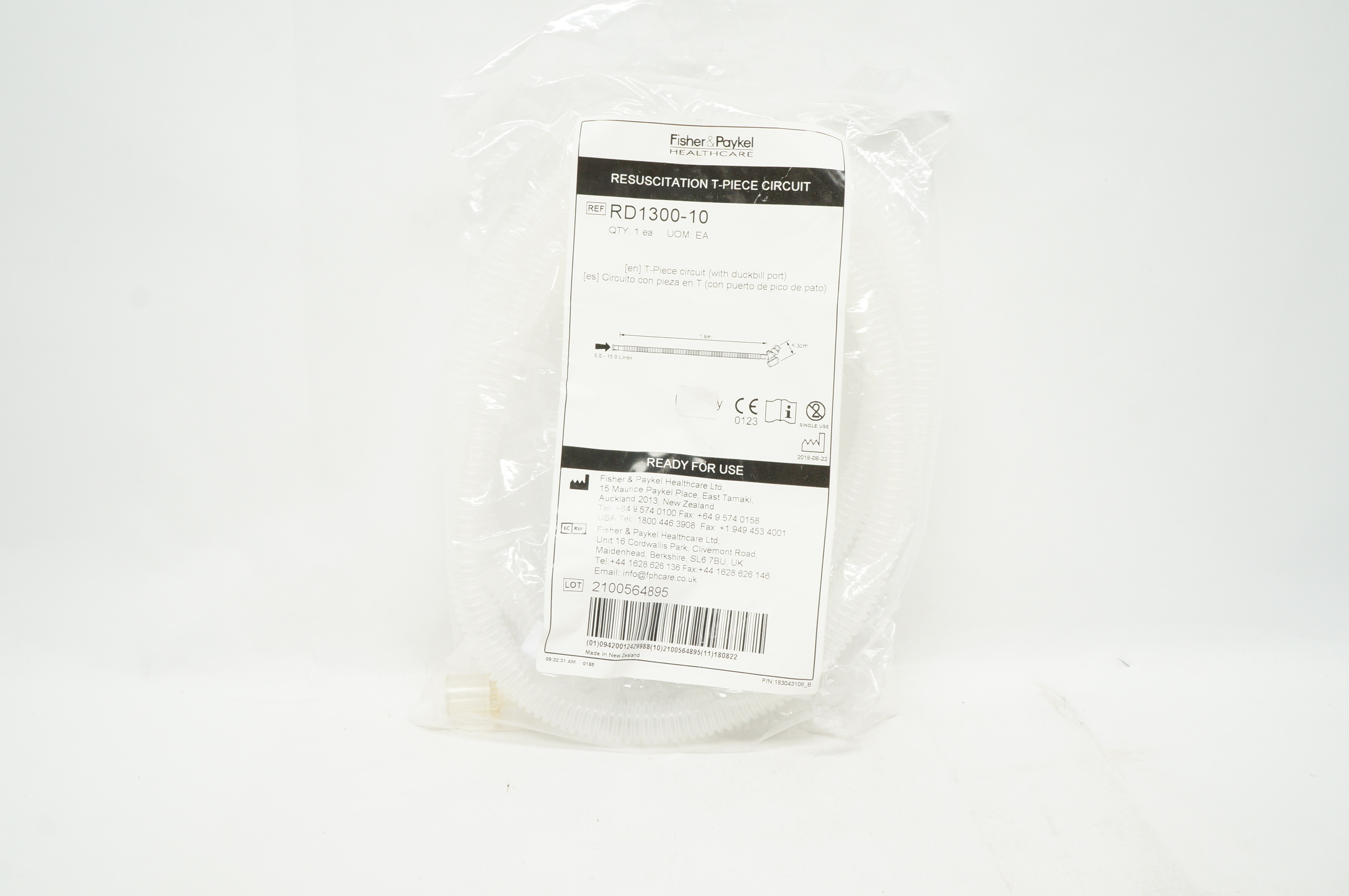Fisher&Paykel RD1300-10 Resuscitation T-Piece Circuit 1.6m x 4.5cm 5.0-15.0L/min