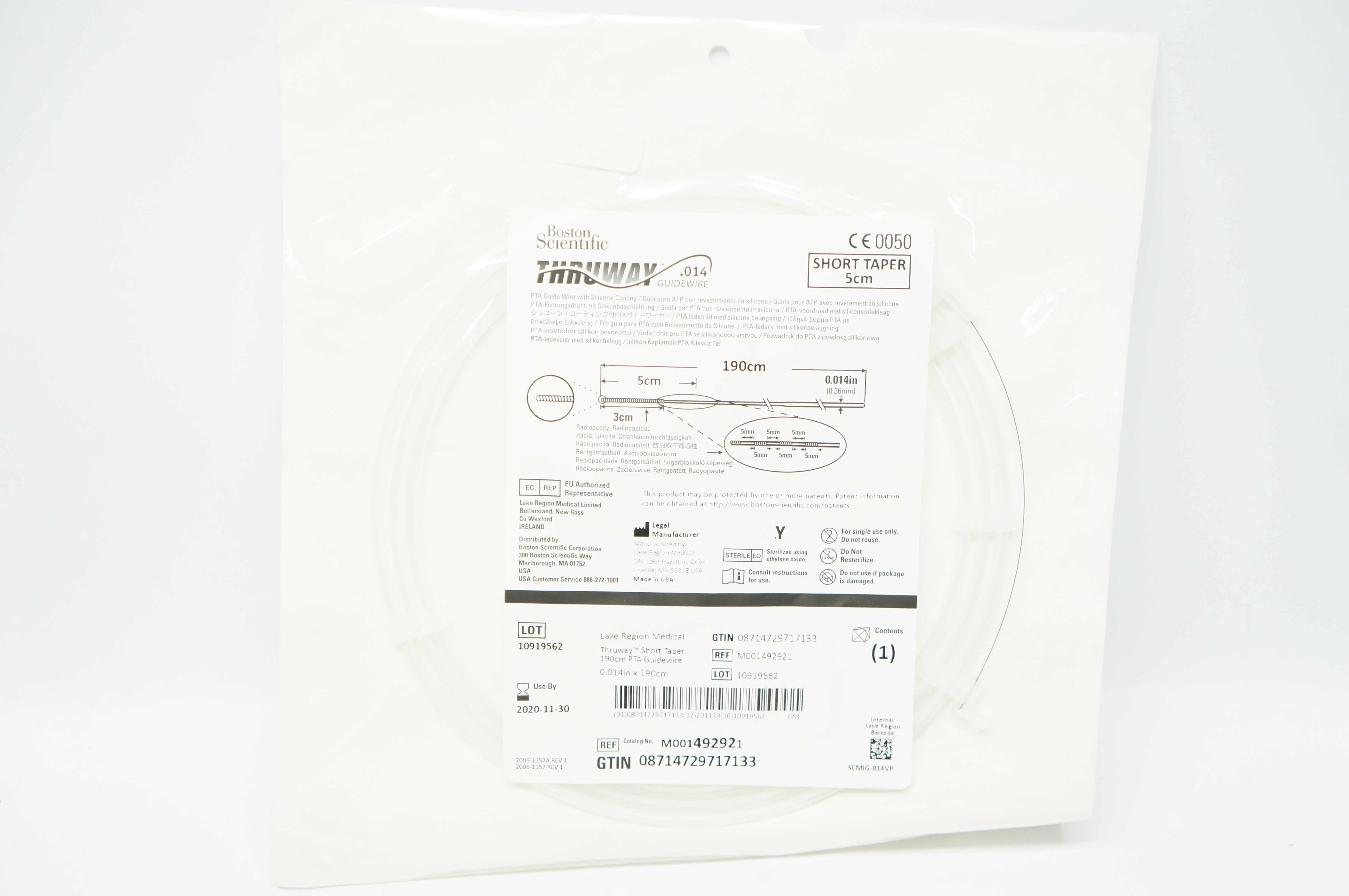 Boston Scientific M001492921 Thruway PTA Guide Wire 190cm x .014inch x 5cm (x)