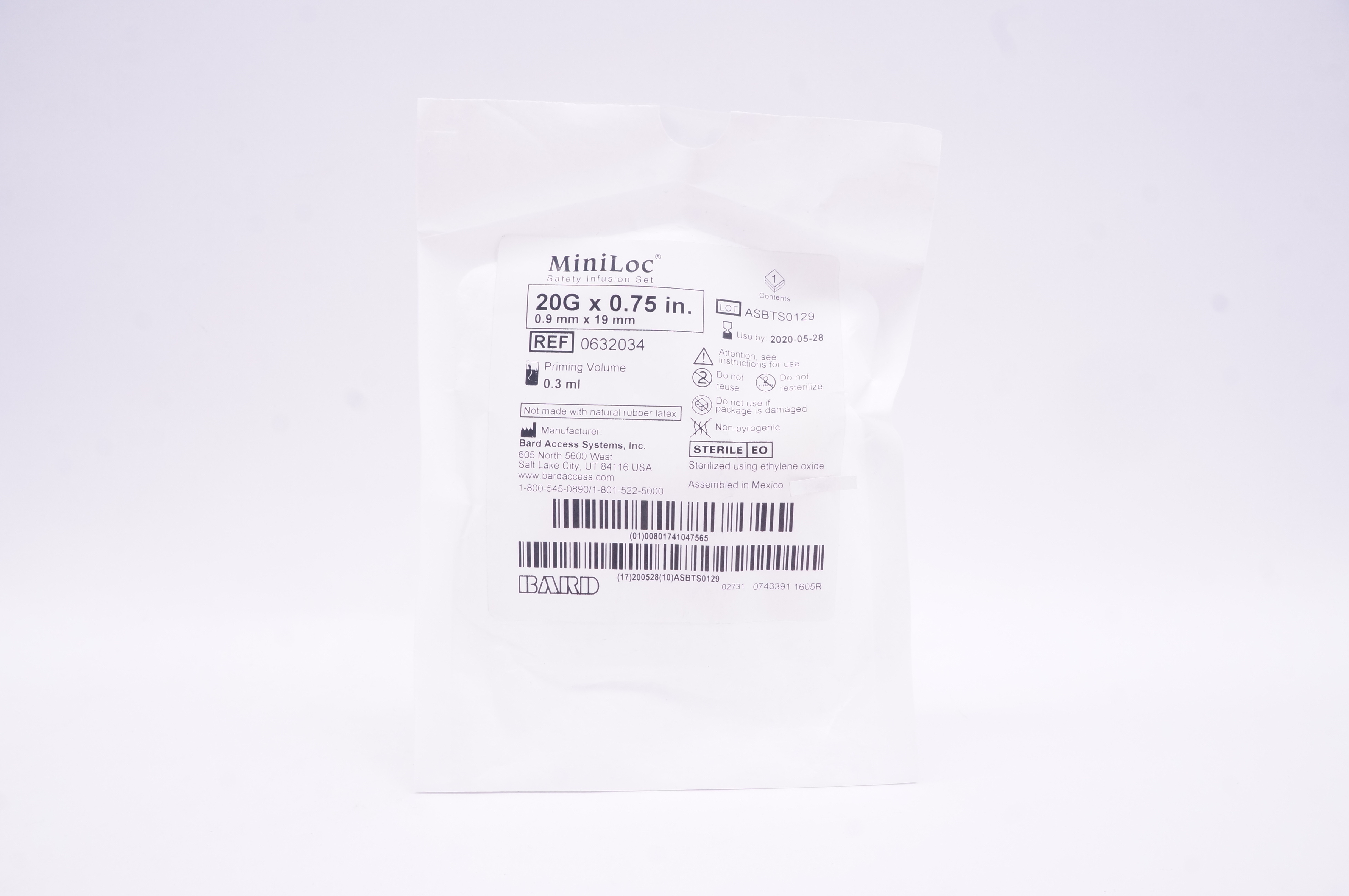Bard 0632034 MiniLoc Safety Infusion Set 20G x 0.75 inch, Priming Vol. 0.3ml (x)