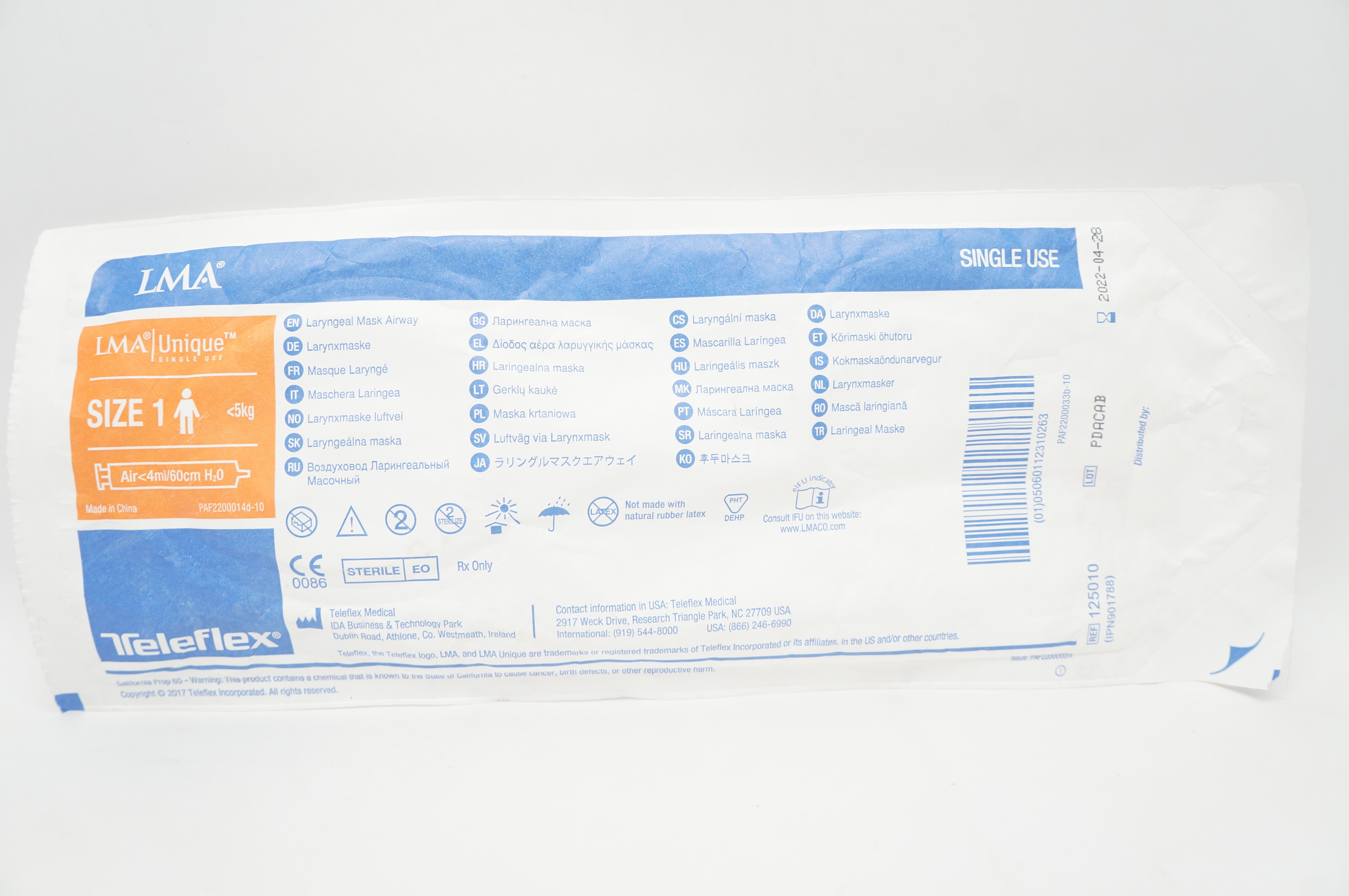 Teleflex 125010 LMA Unique Laryngeal Mask Airway, Size1 <5kg Air<4ml/60cm H2O(x)