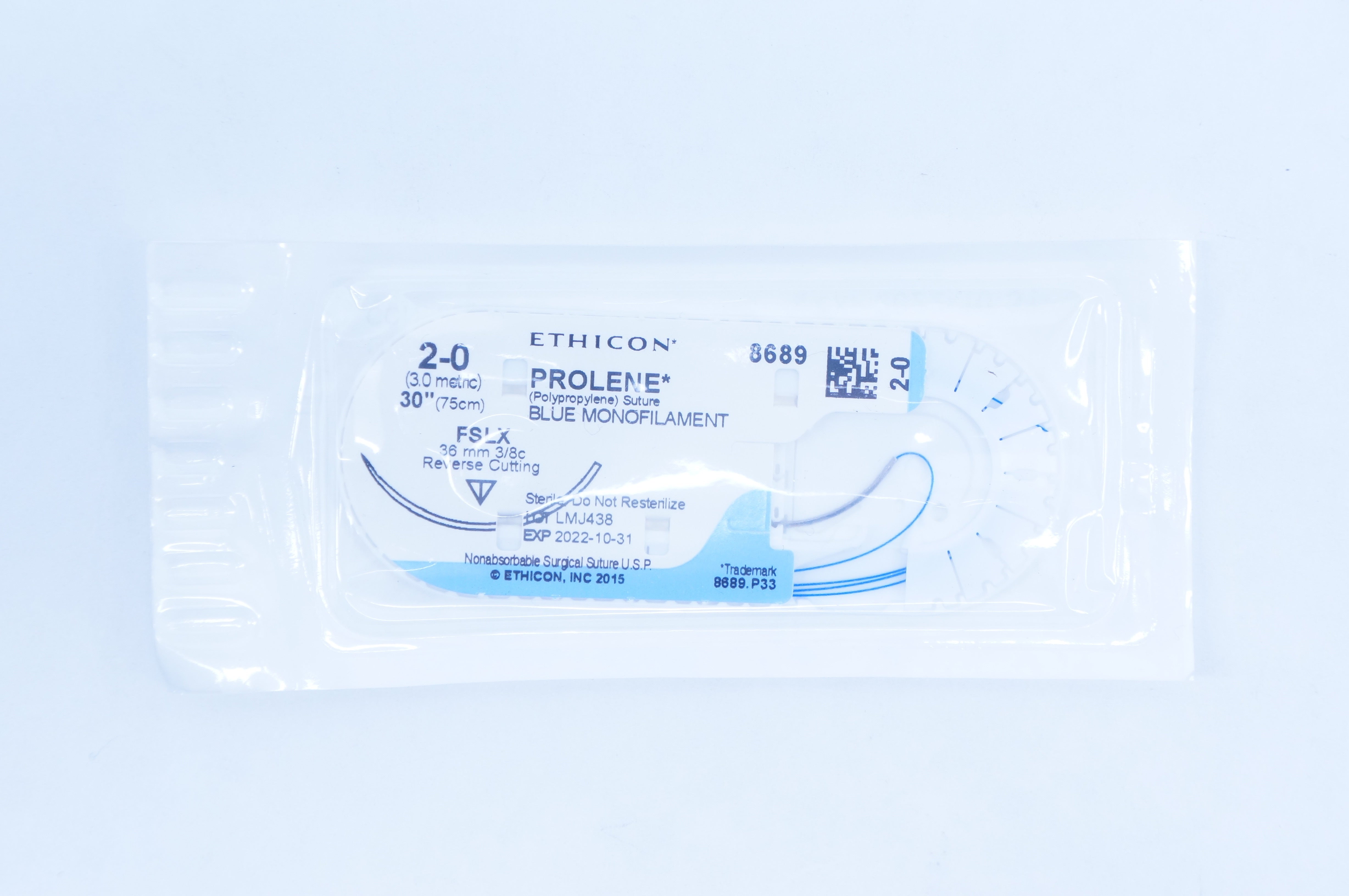 Ethicon 8689 2-0 Prolene, FSLX, 36mm 3/8c Reverse Cutting 30 inch
