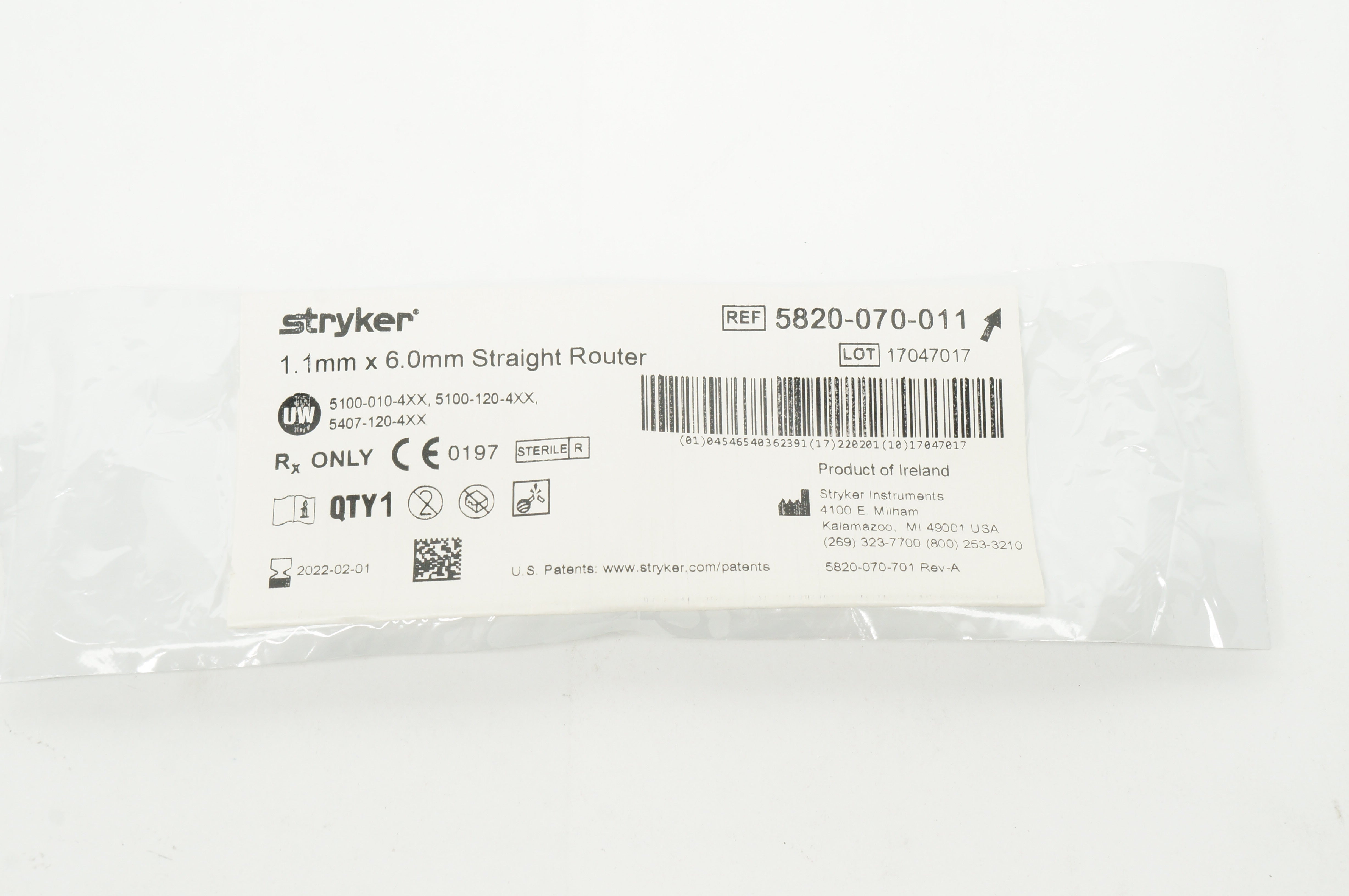 Stryker 5820-070-011 1.1mm x 6.0mm Straight Router