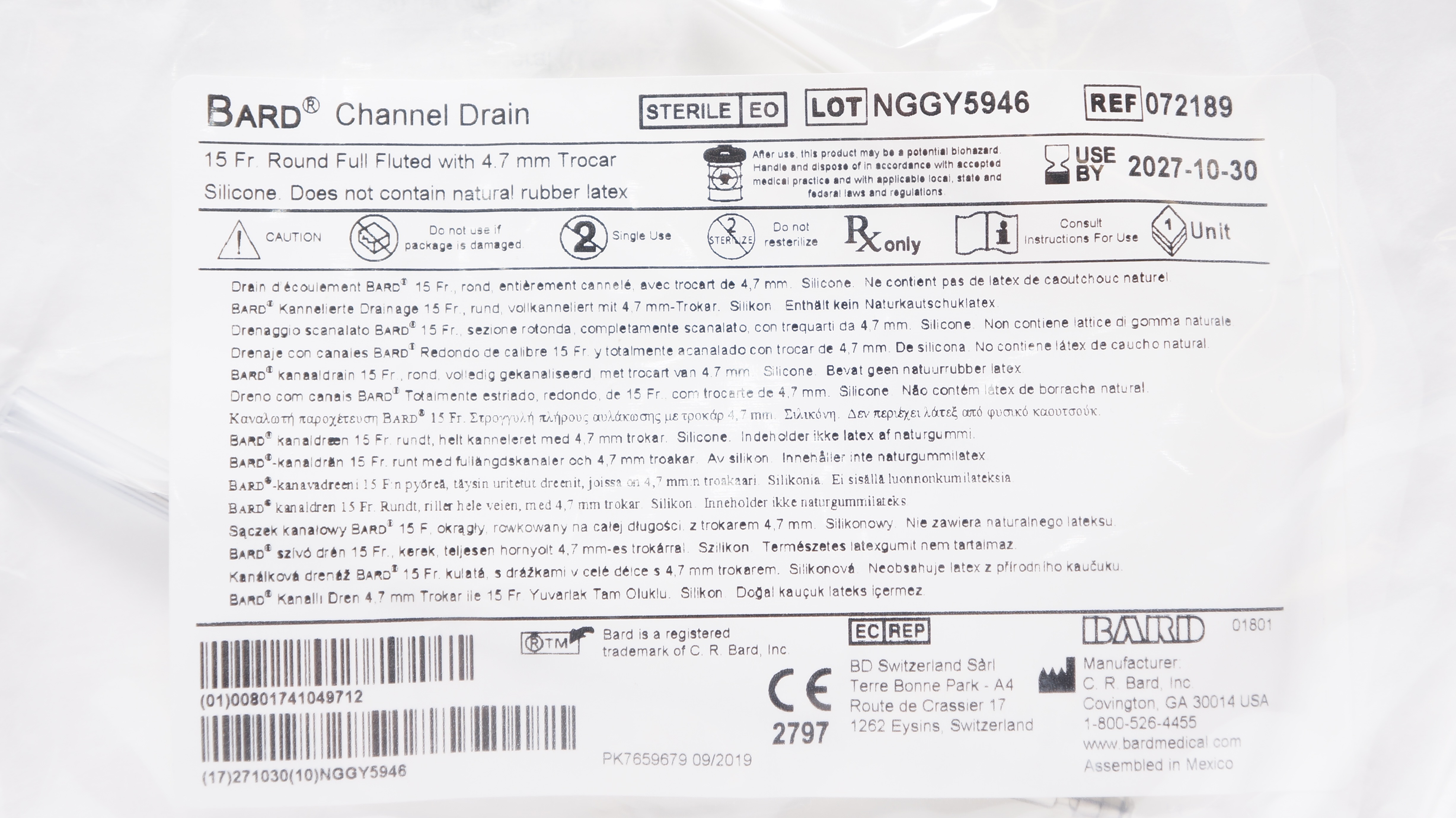 Bard 072189 Channel Drain 15 Fr. Round Full Fluted with 4.7mm Silicone ...