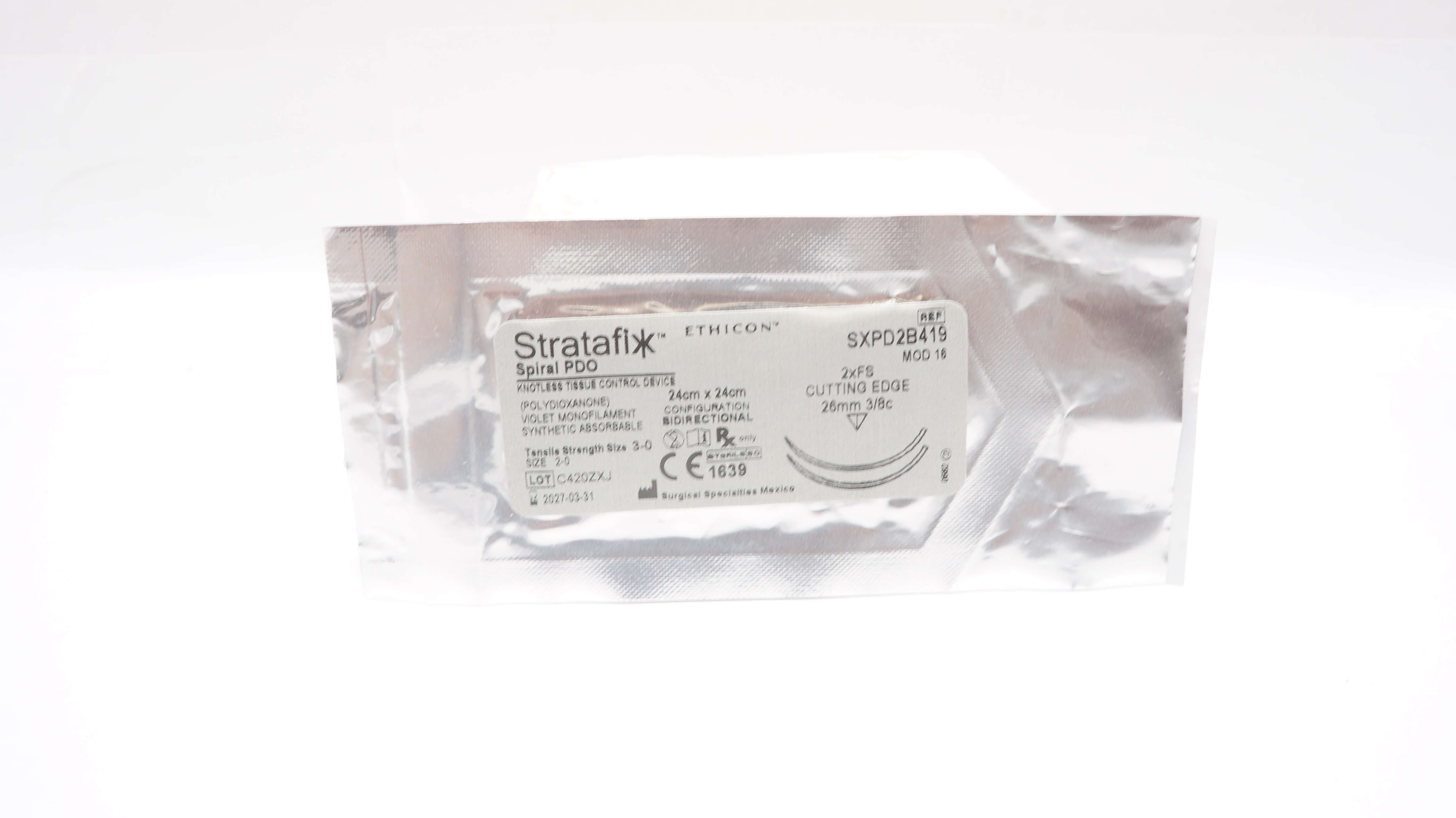Ethicon SXPD2B419 30 Stratafix Spiral PDO, 2xFS, 26mm 3/8c, 24cm x 24cm