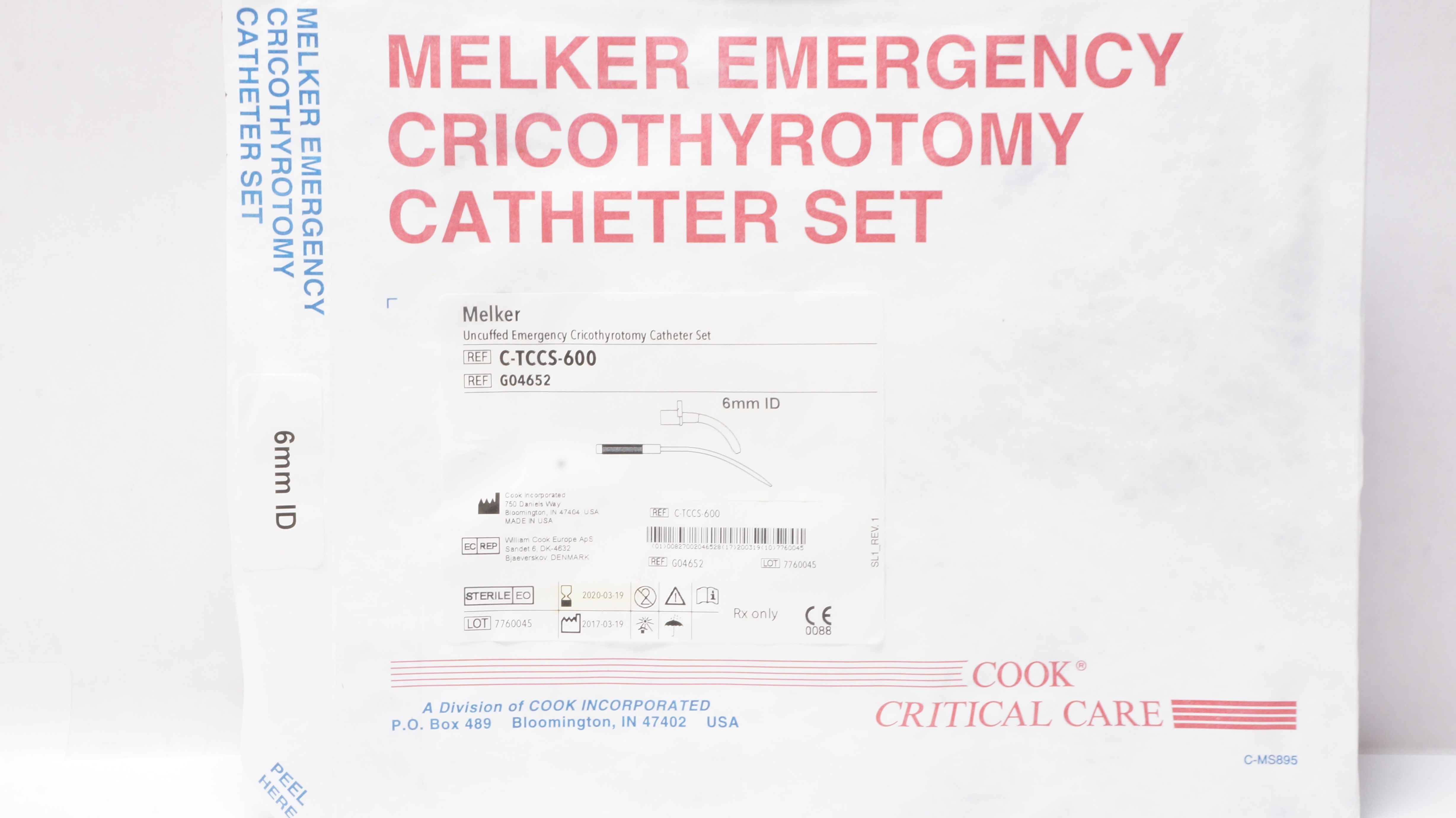 Cook Medical G04652 Melker Uncuffed Emergency Cricothyrotomy Cath. Set 6mm (x)