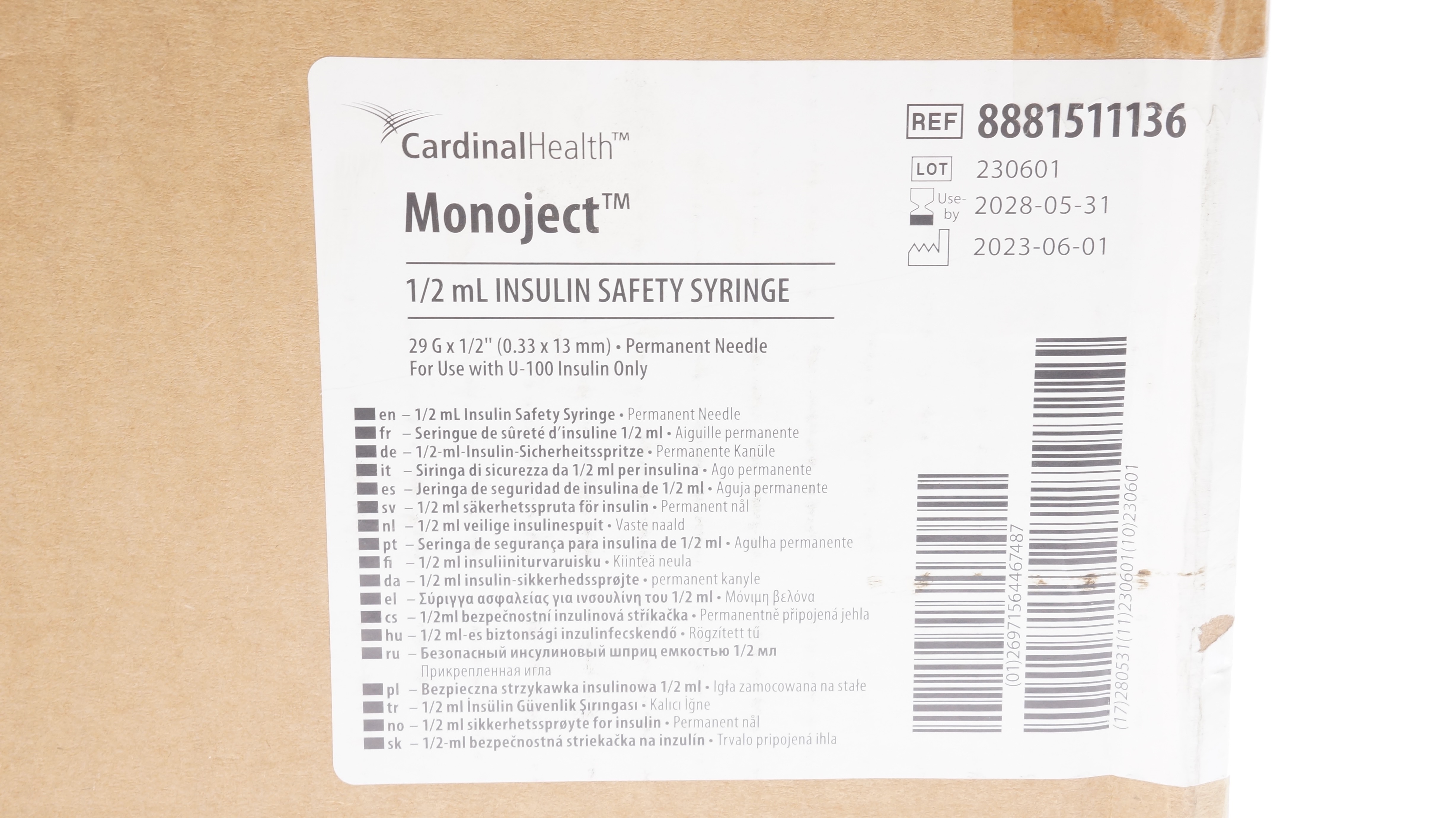Cardinal Health 8881511136 Monoject 1/2mL Insulin Syringe Box of 500