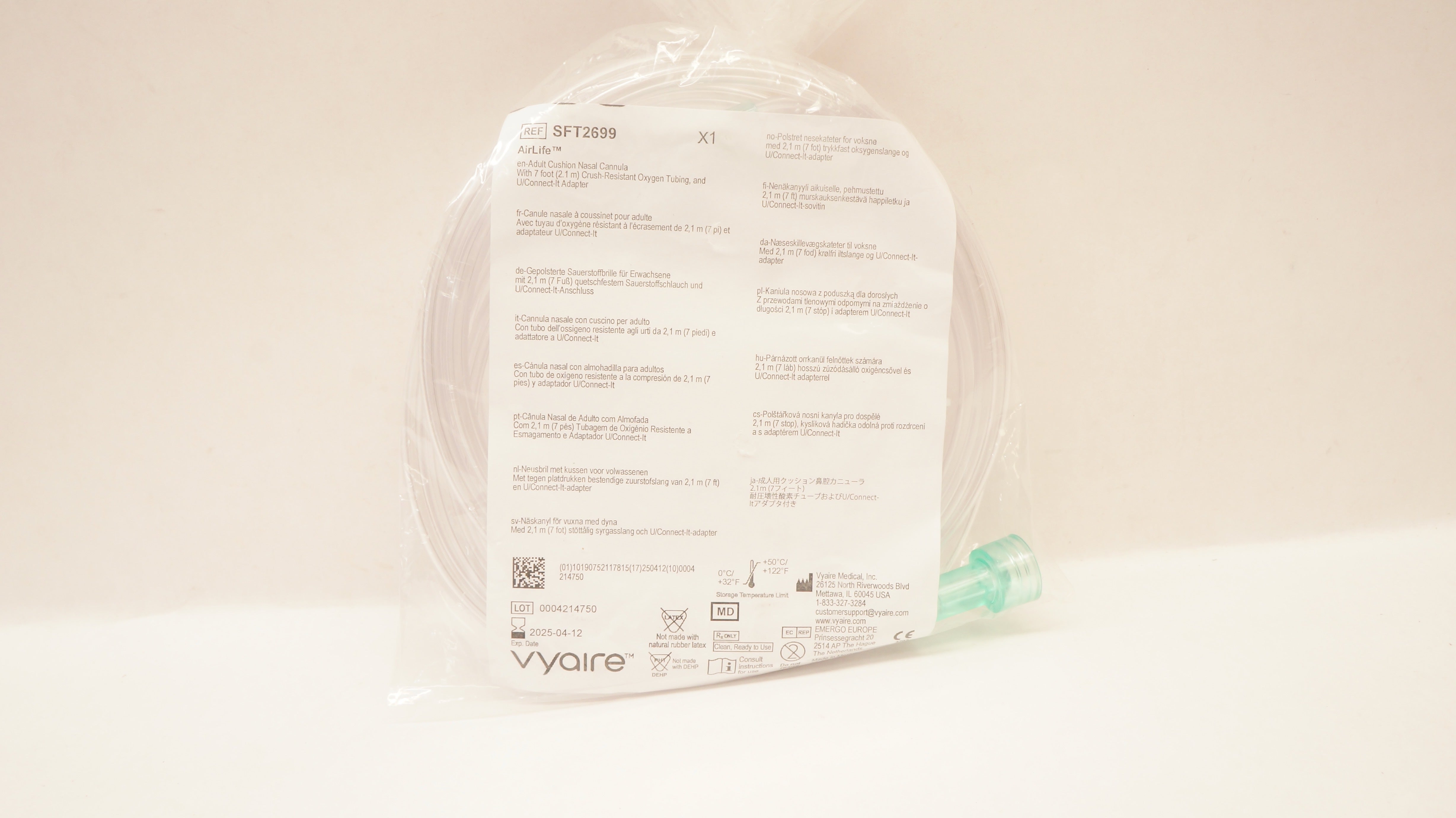 Vyaire SFT2699 AirLife Adult Cushion Nasal Cannula with Tubing 7ft.