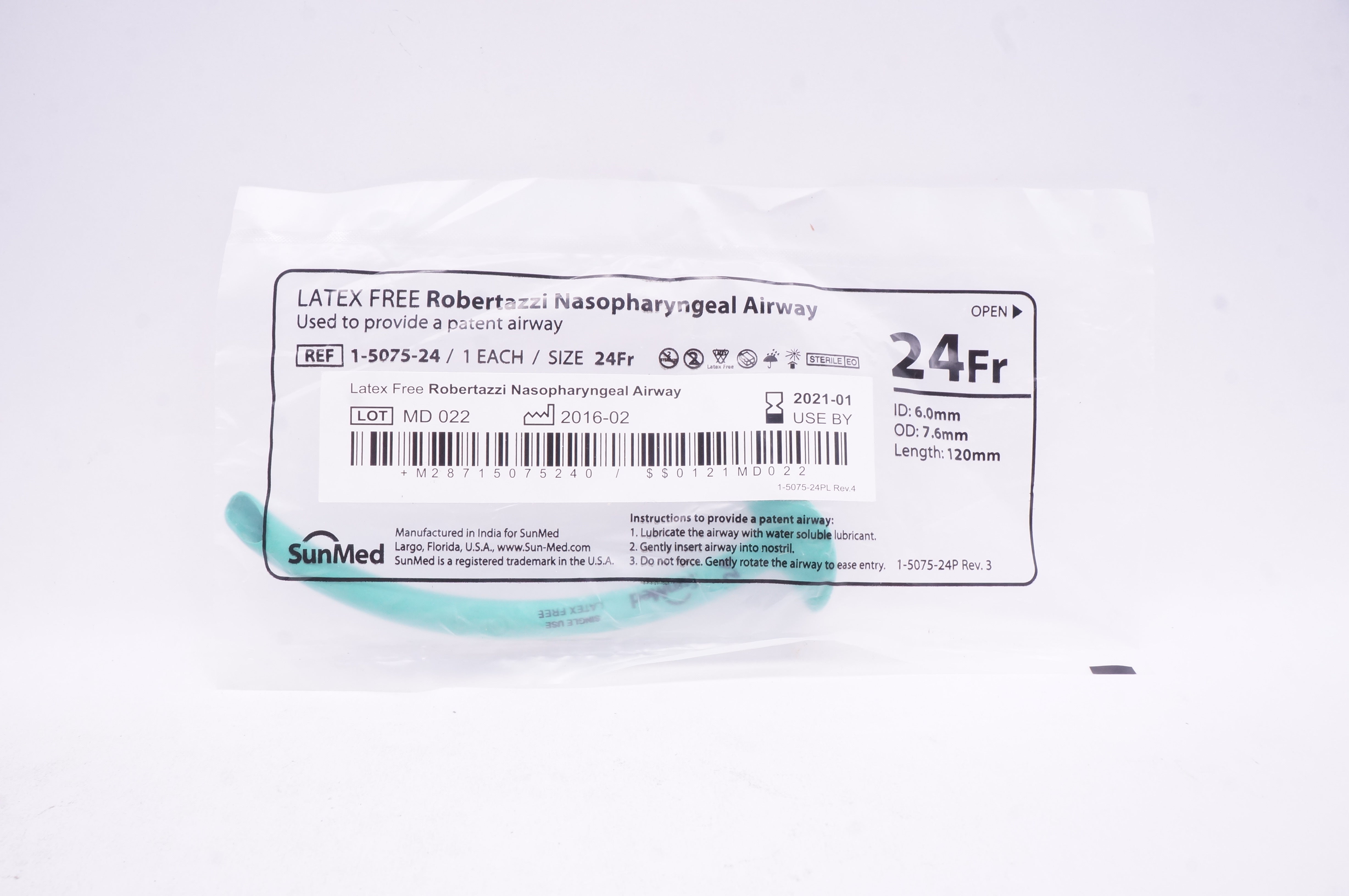 SunMed 1-5075-24 Robertazzi Nasopharyngeal Airway 24Fr (x)
