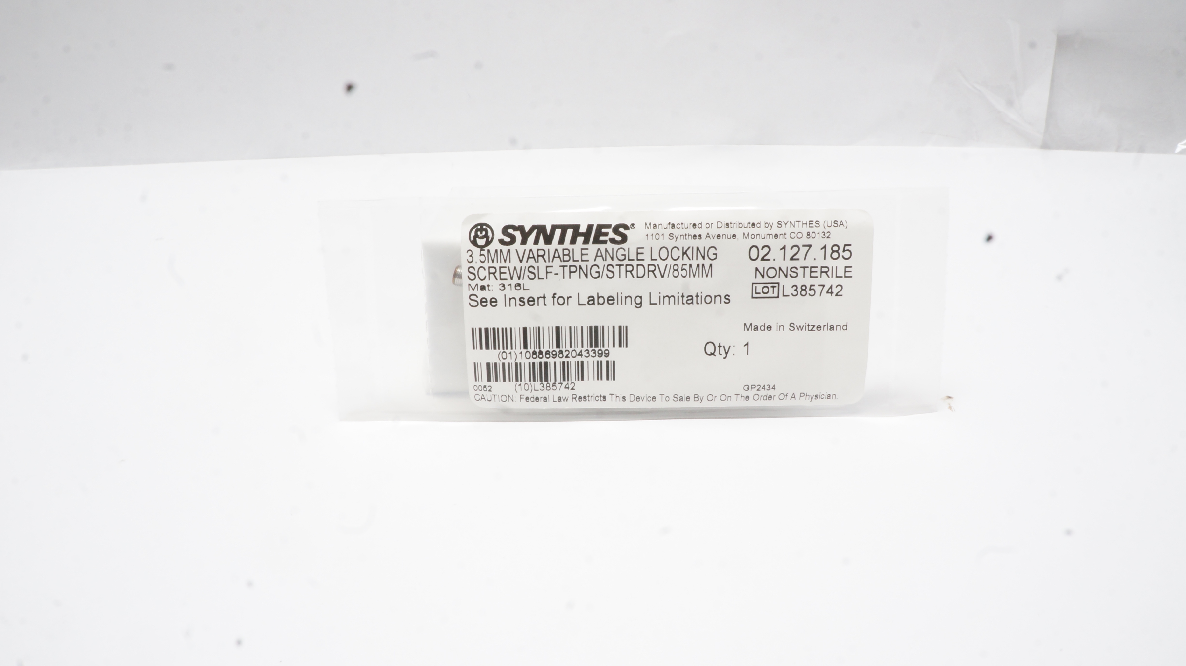 Synthes 02.127.185 3.5mm VA Locking Screw Self-Tapping Stardrive 85mm