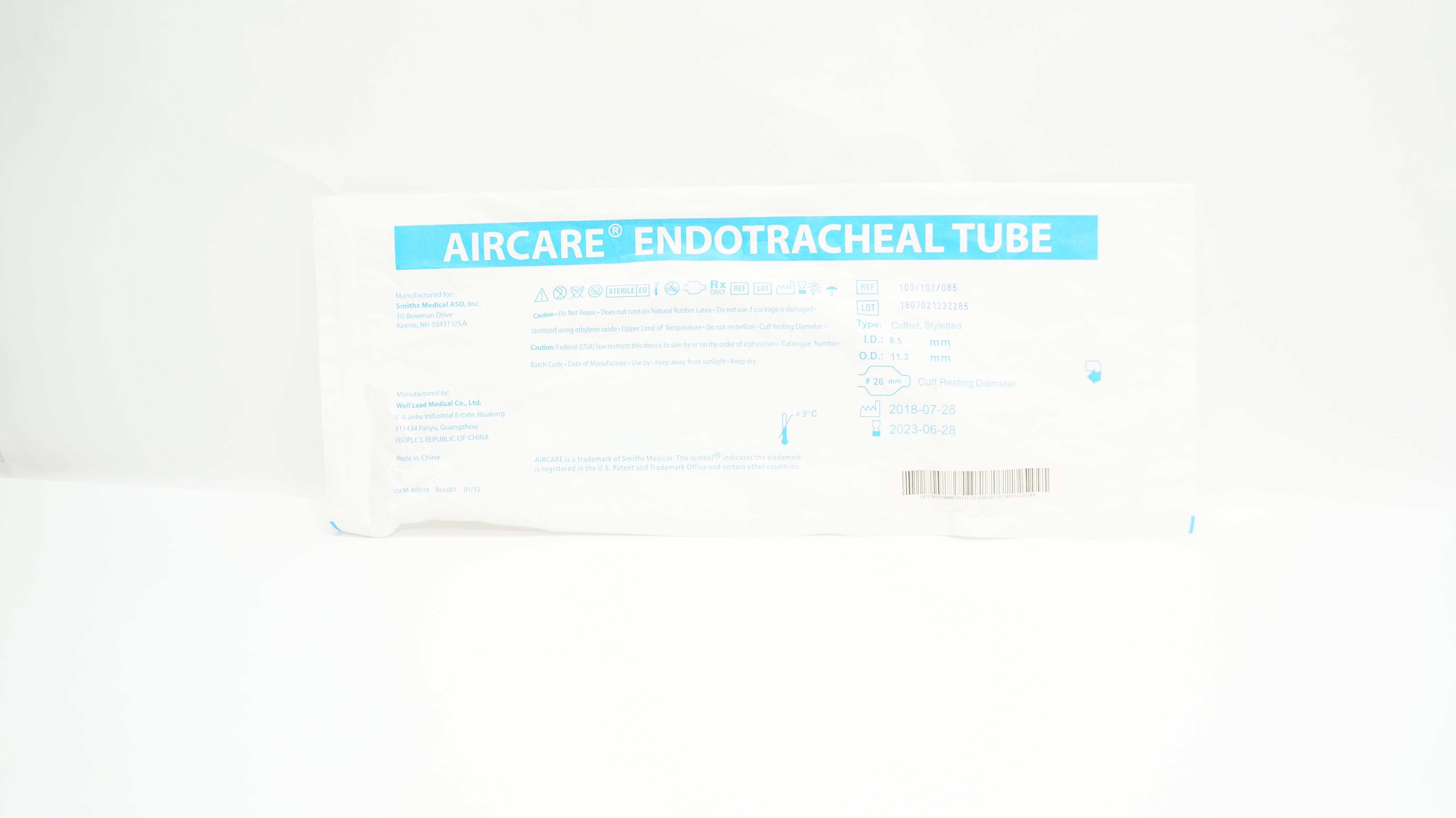 Smiths Medical 100/102/085 Aircare Endotracheal Tube 8.5ID x 11.3OD x 26mm (x)