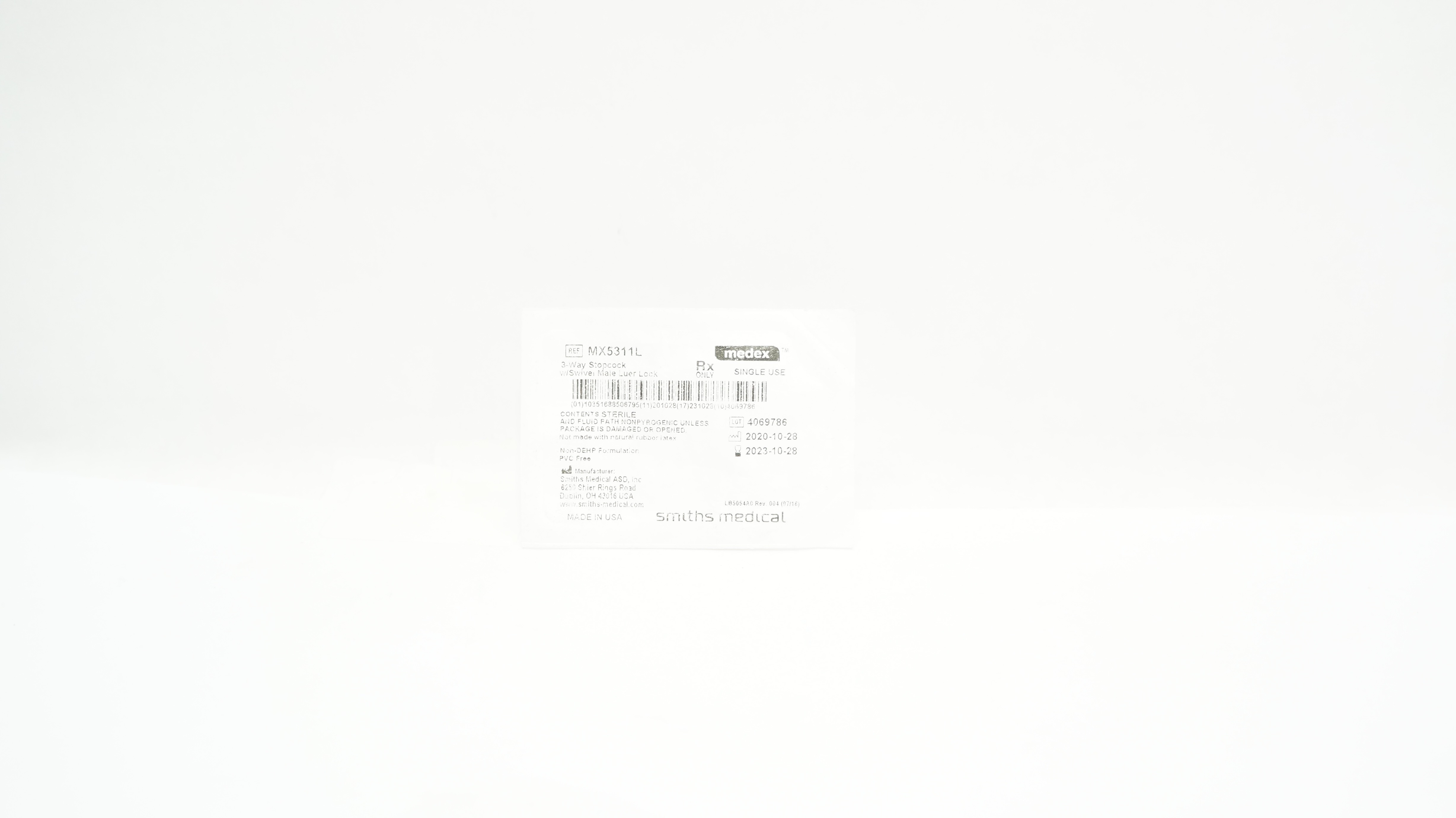Smiths Medical MX5311L Medex 3-Way Stopcock w/Swivel Male Luer Lock