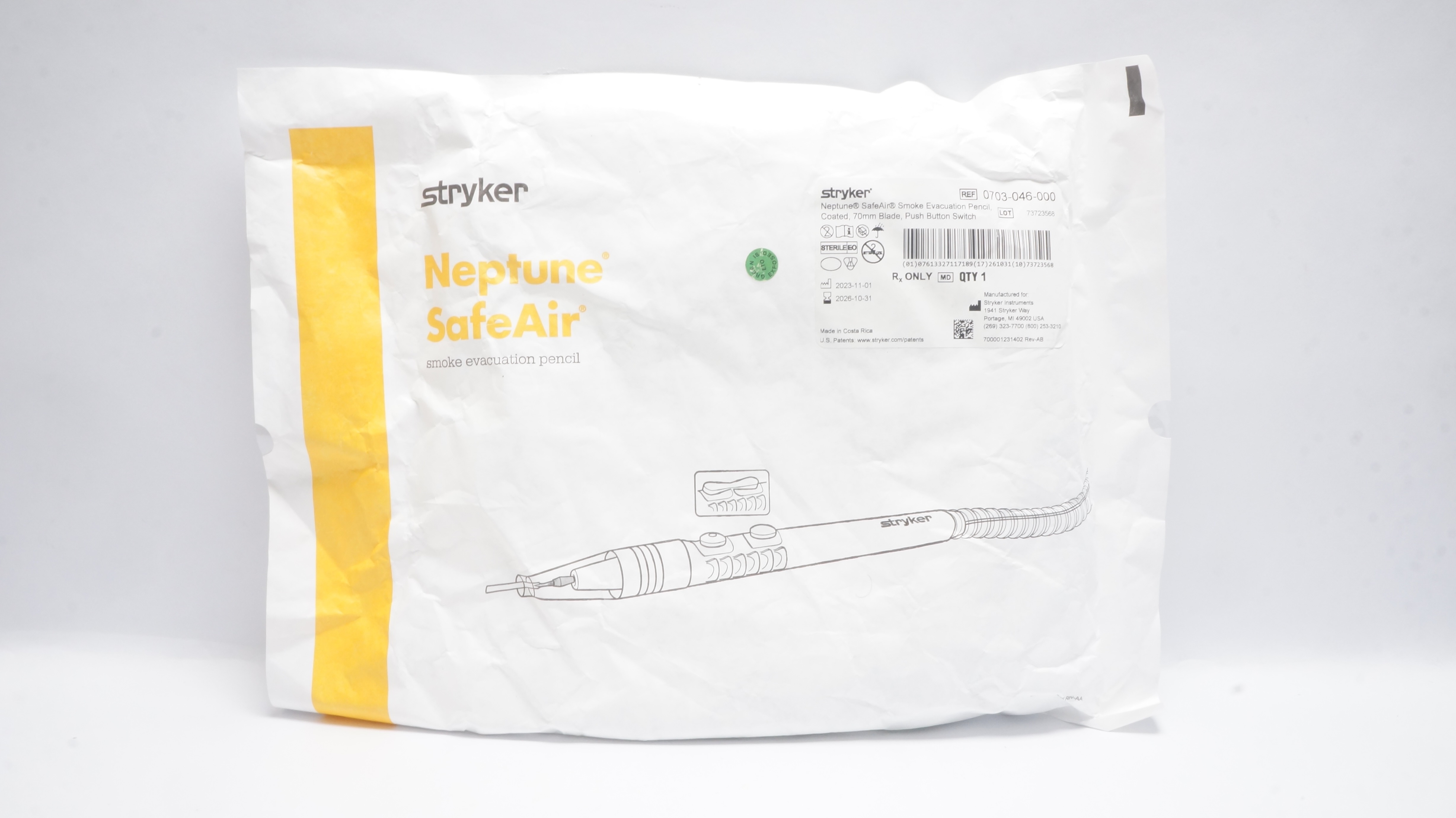 Stryker 0703-046-000 Neptune SafeAir Smoke Evacuation Pencil Coated, Blade 70mm