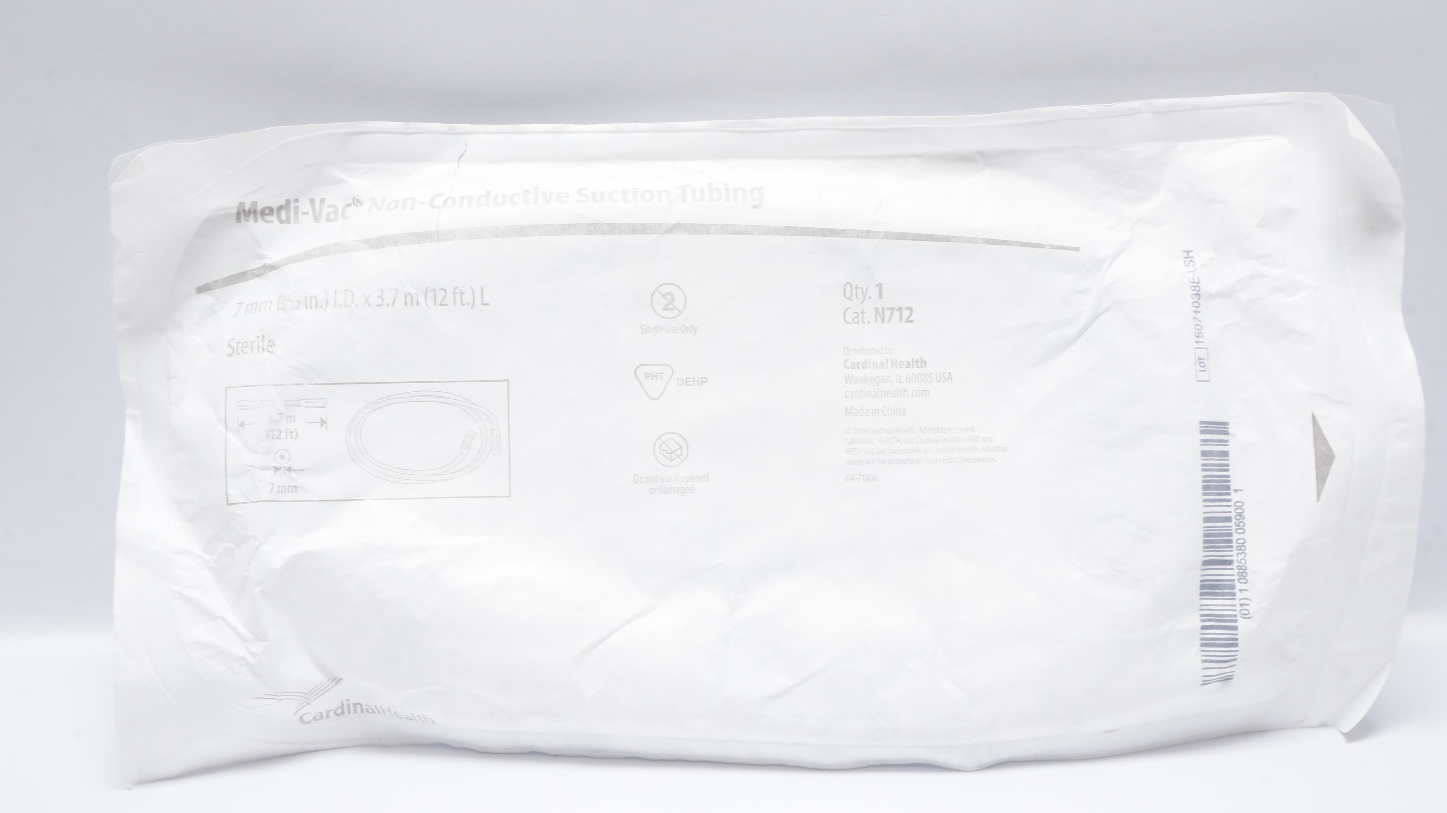 Cardinal Health N712 Medi-Vac Non-Conductive Suction Tubing 12ft. x 7mm I.D.