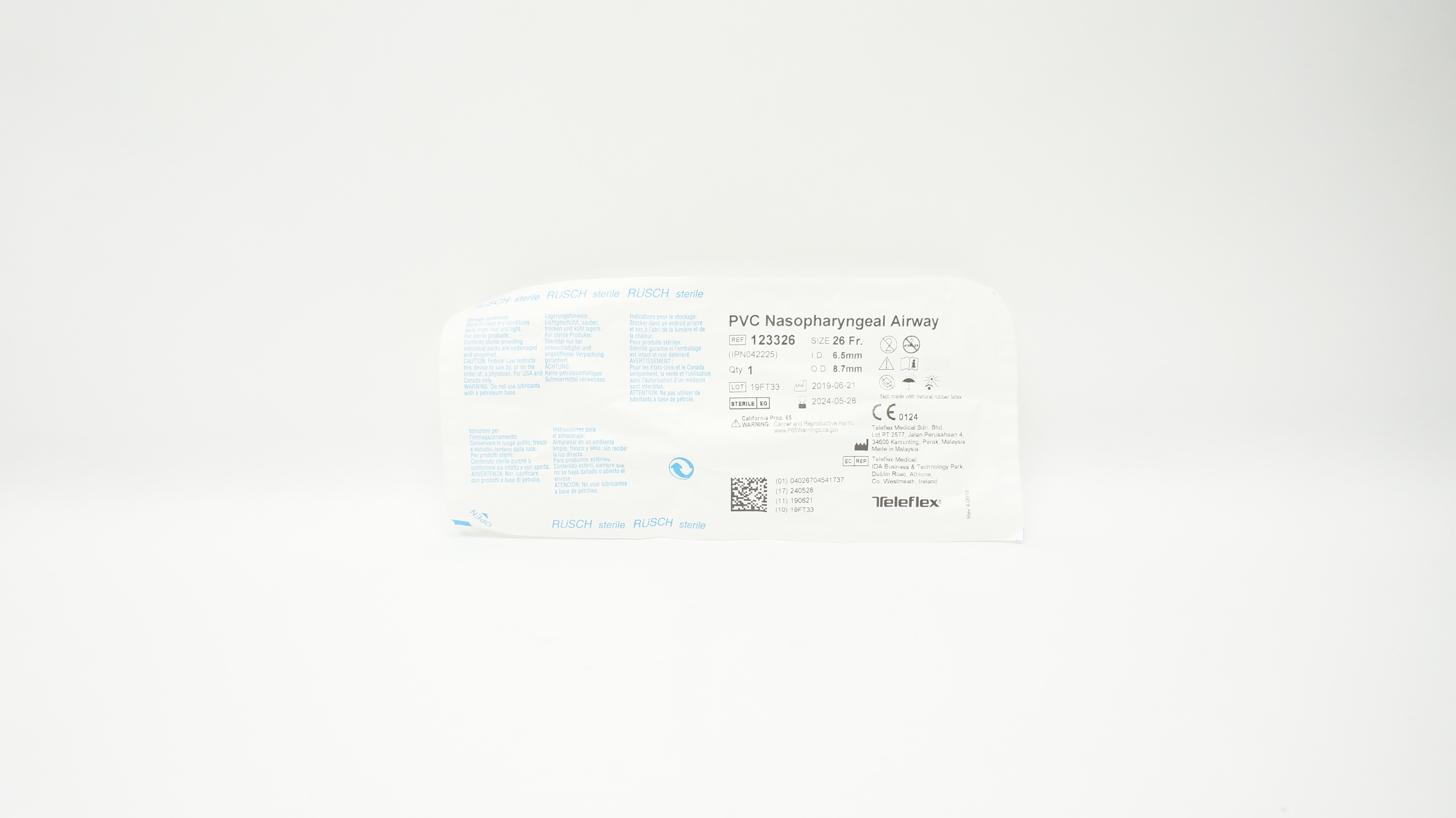 Teleflex 123326 Rusch PVC Nasopharyngeal Airway 26Fr x 6.5mm ID x 8.7mm OD