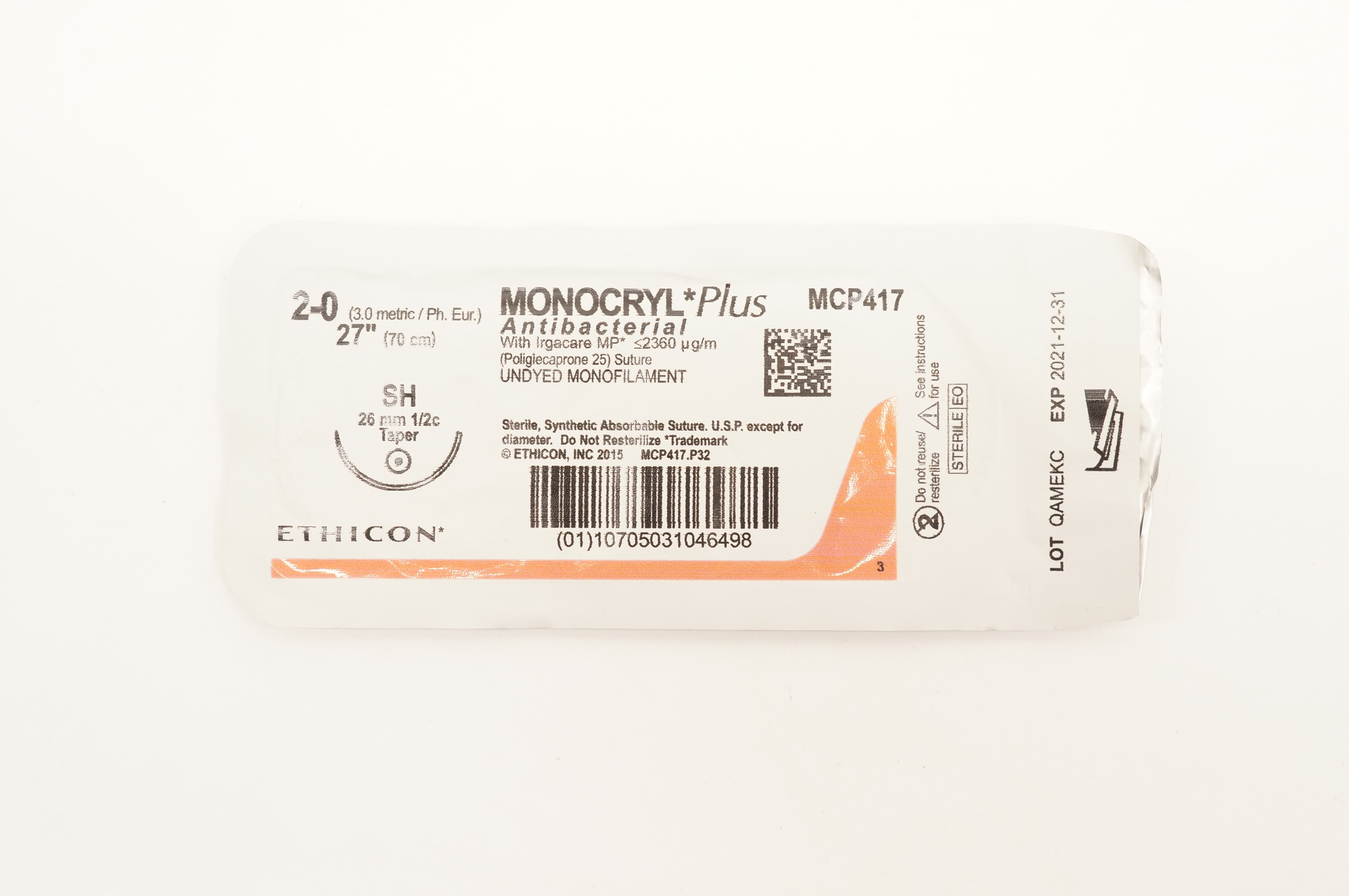 Ethicon MCP417 2-0 MONOCRYL Plus SH 26mm 1/2c Taper 27inch (x)