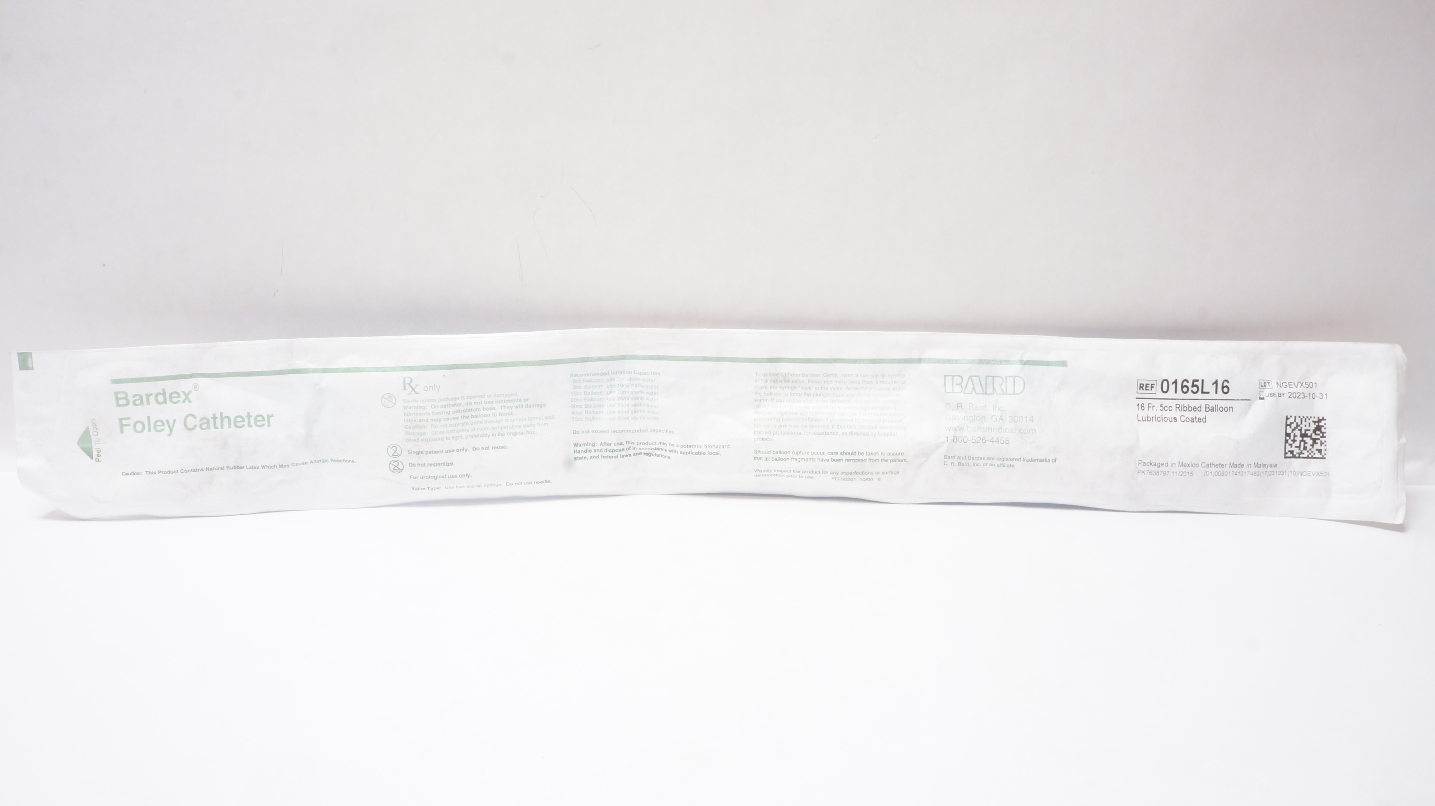 Bard 0165L16 Bardex Foley Cath. 16Fr. 5cc. Balloon - 10ml. Sterile Water (x)