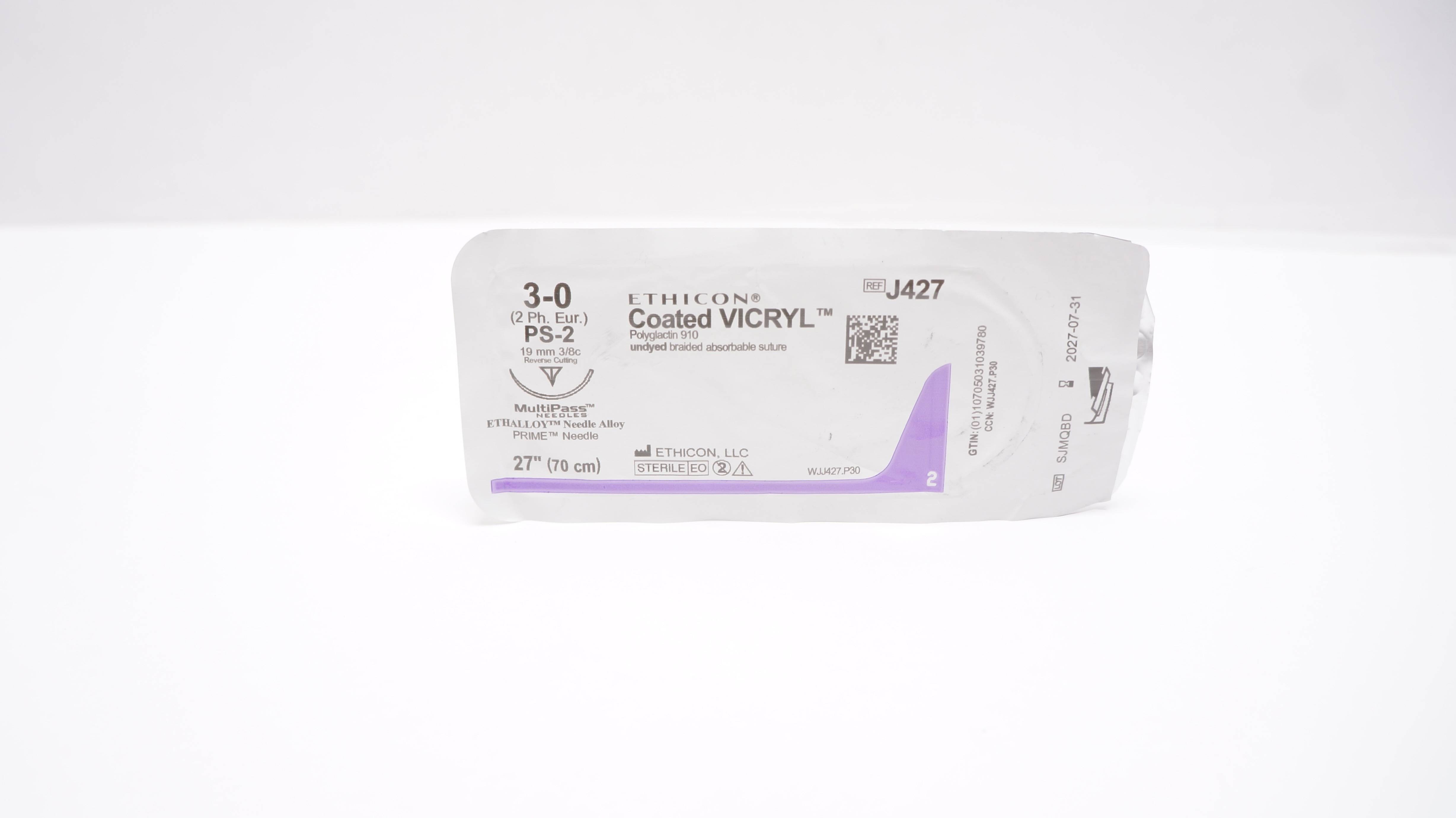 Ethicon J427 3-0 Coated VICRYL Stre  PS-2 19mm 3/8c Reverse Cutting, 27inch