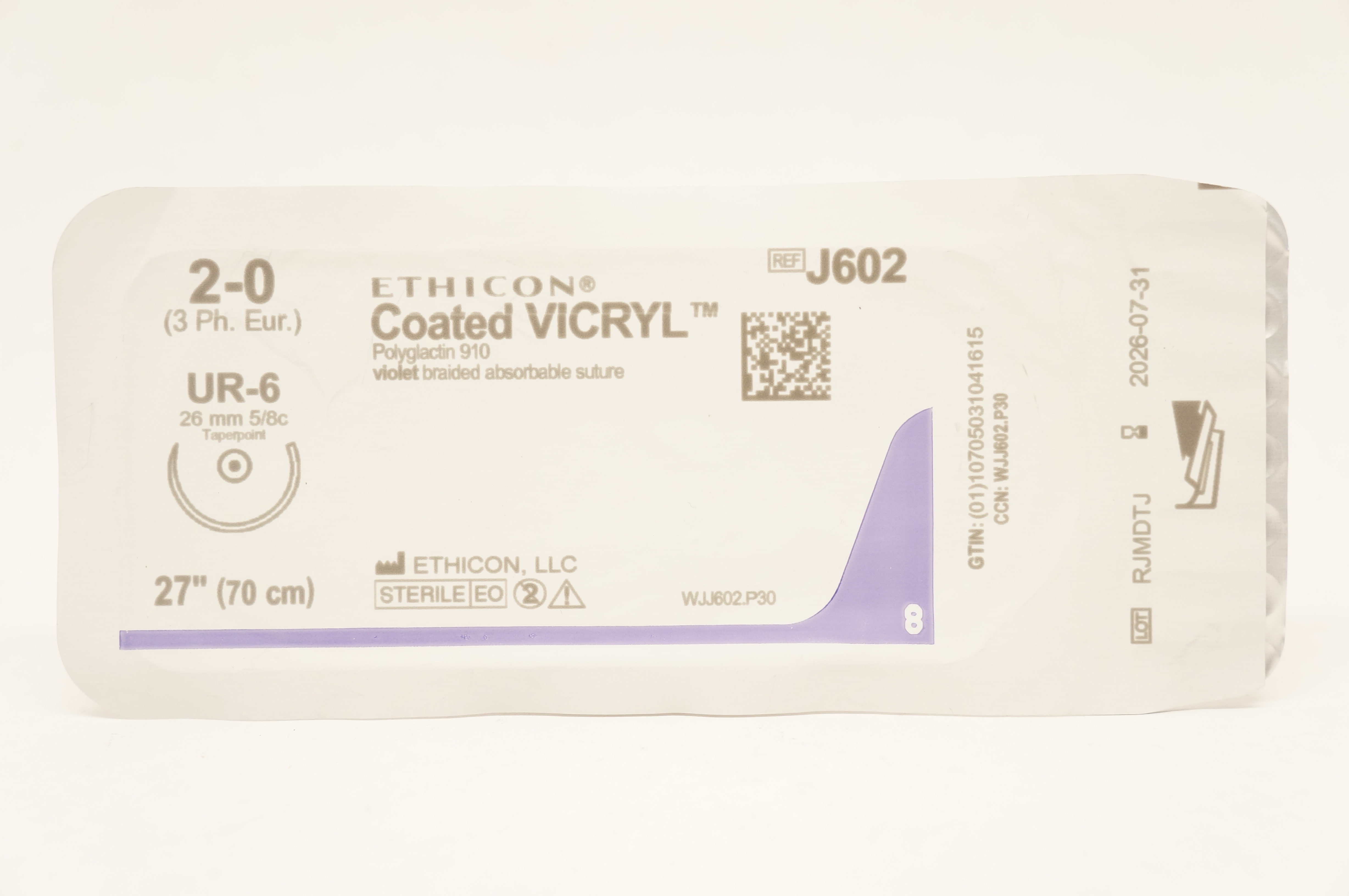 Ethicon J602 2-0 Coated VICRYL, UR-6, 26mm 5/8c Taper, 27inch