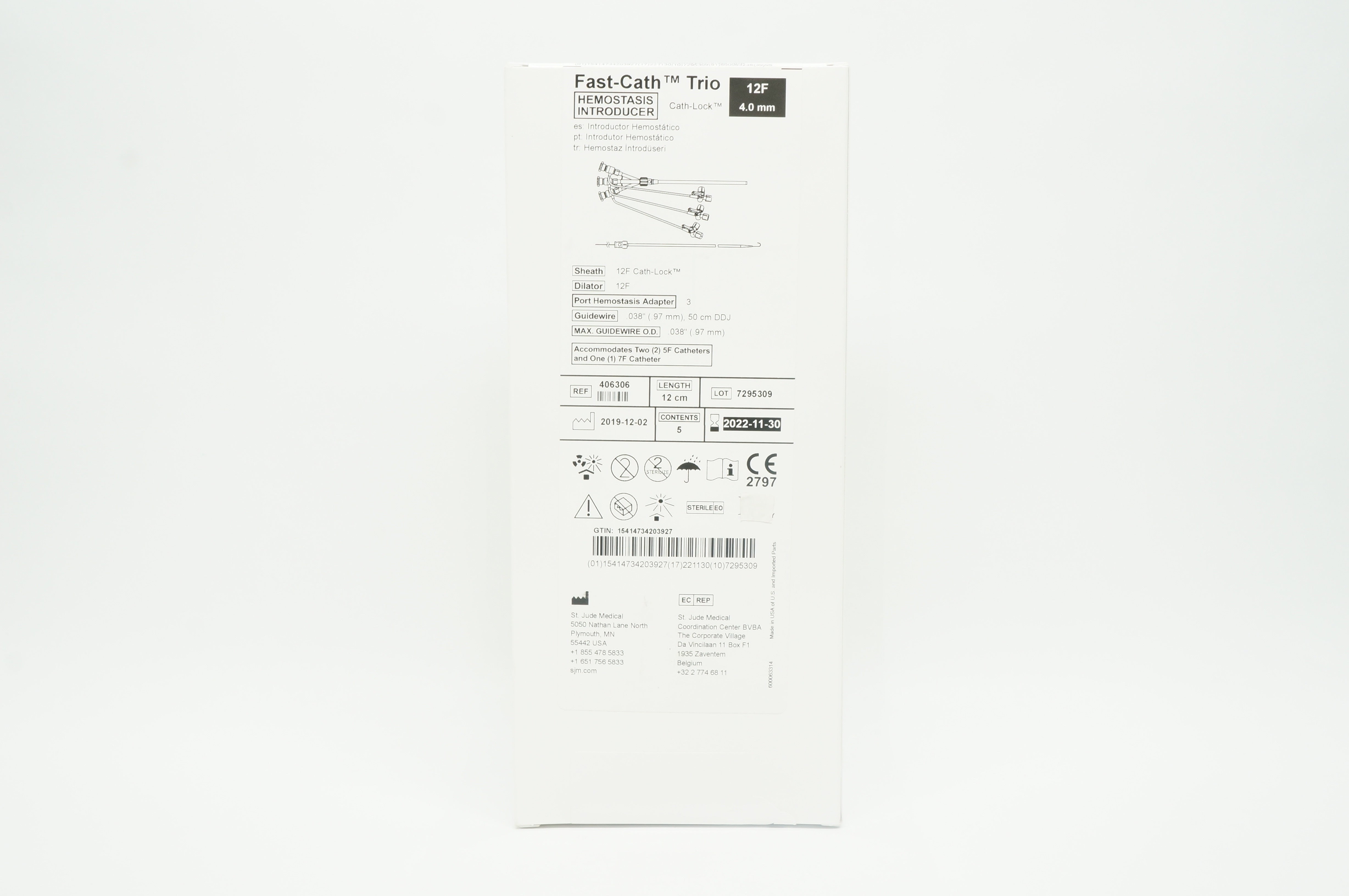 St. Jude Medical 406306 Fast-Cath Hemostasis Introducer Cath-Lock 12F - Box of 5