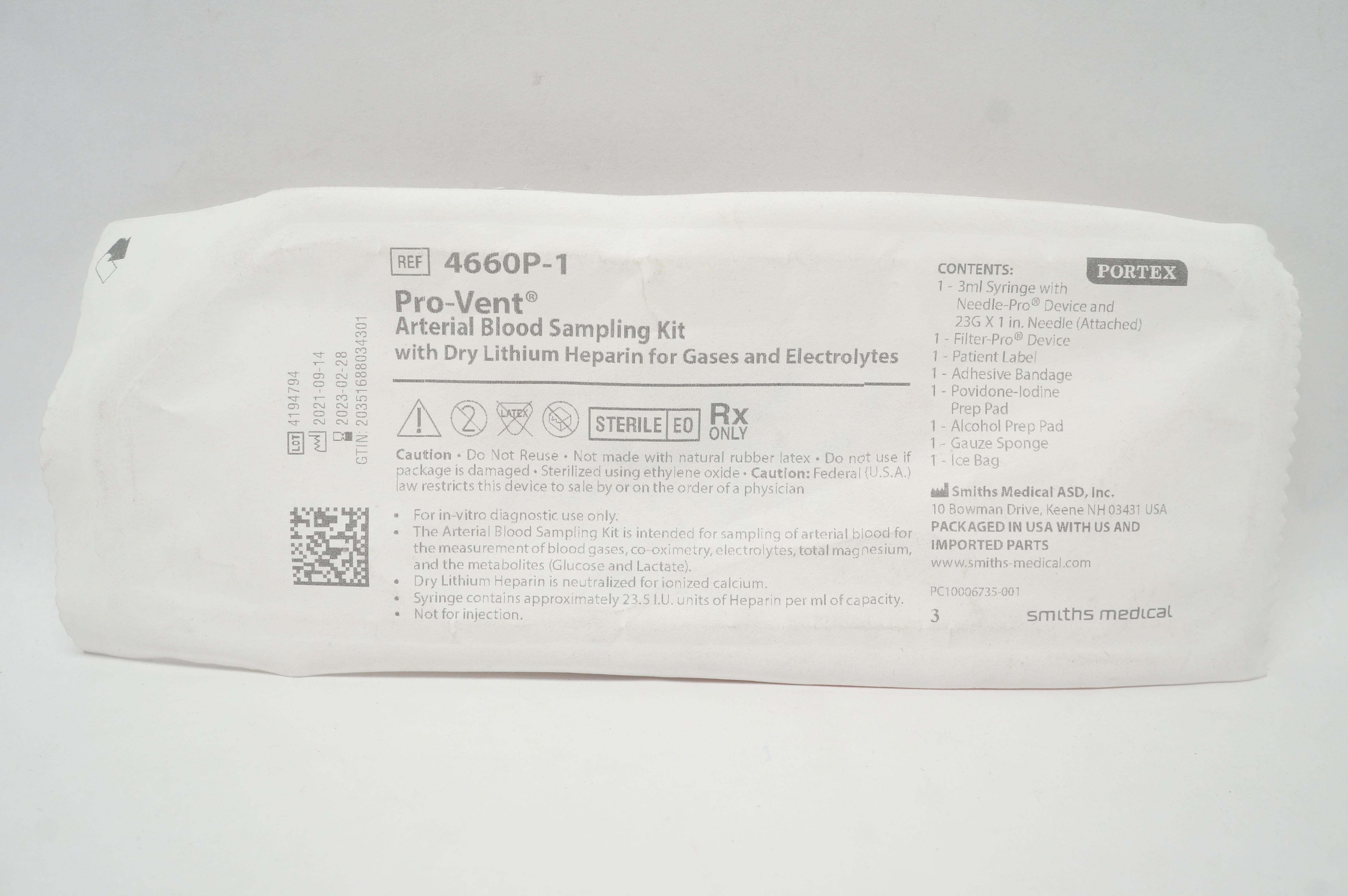 Provent Device Smiths Medical 4660P-1 Portex Pro-Vent Arterial Blood Sampling Kit