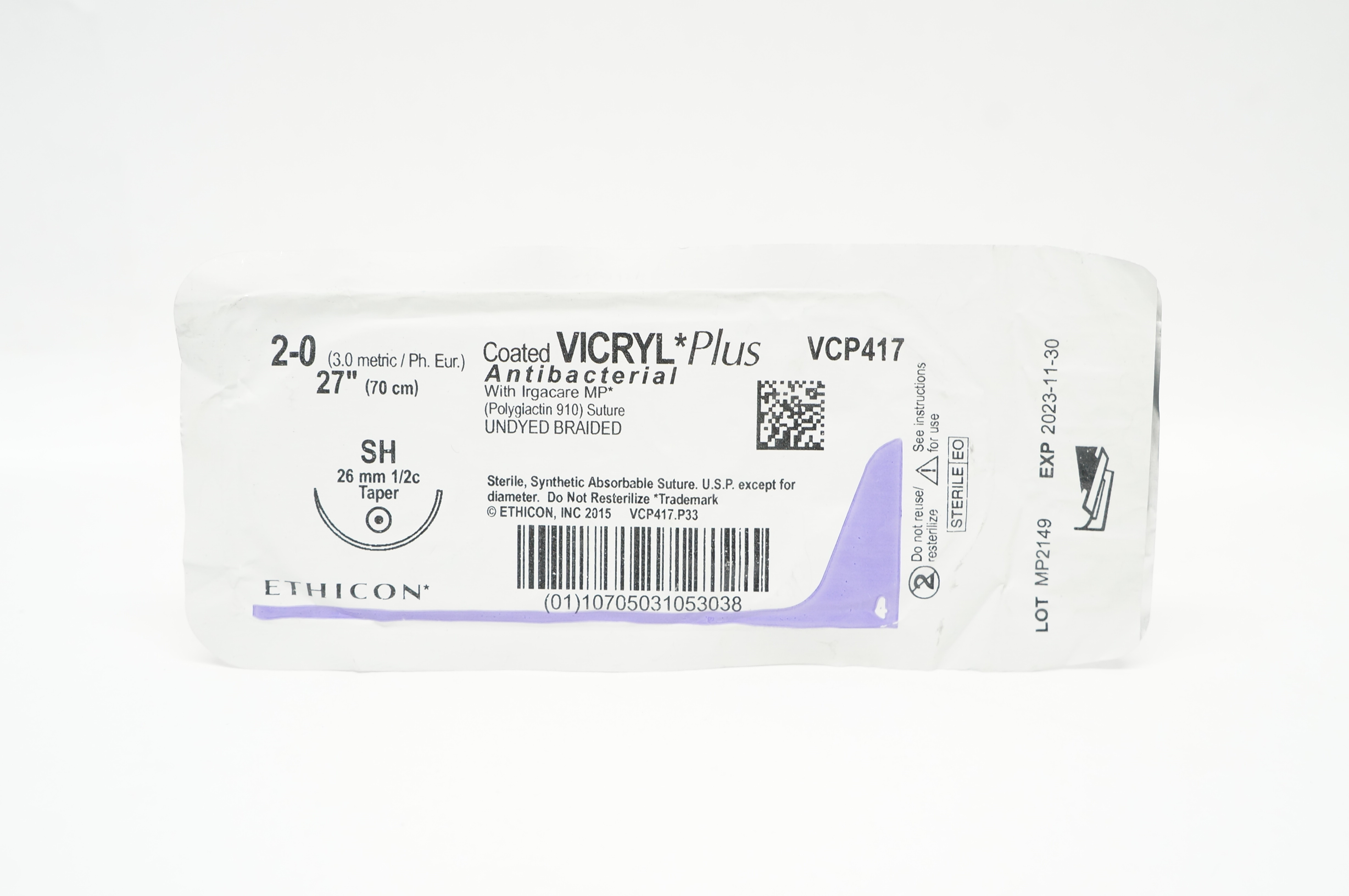 Ethicon VCP417 2-0 Coated VICRYL Plus Stre SH 26mm 1/2c Taper, 27 inch
