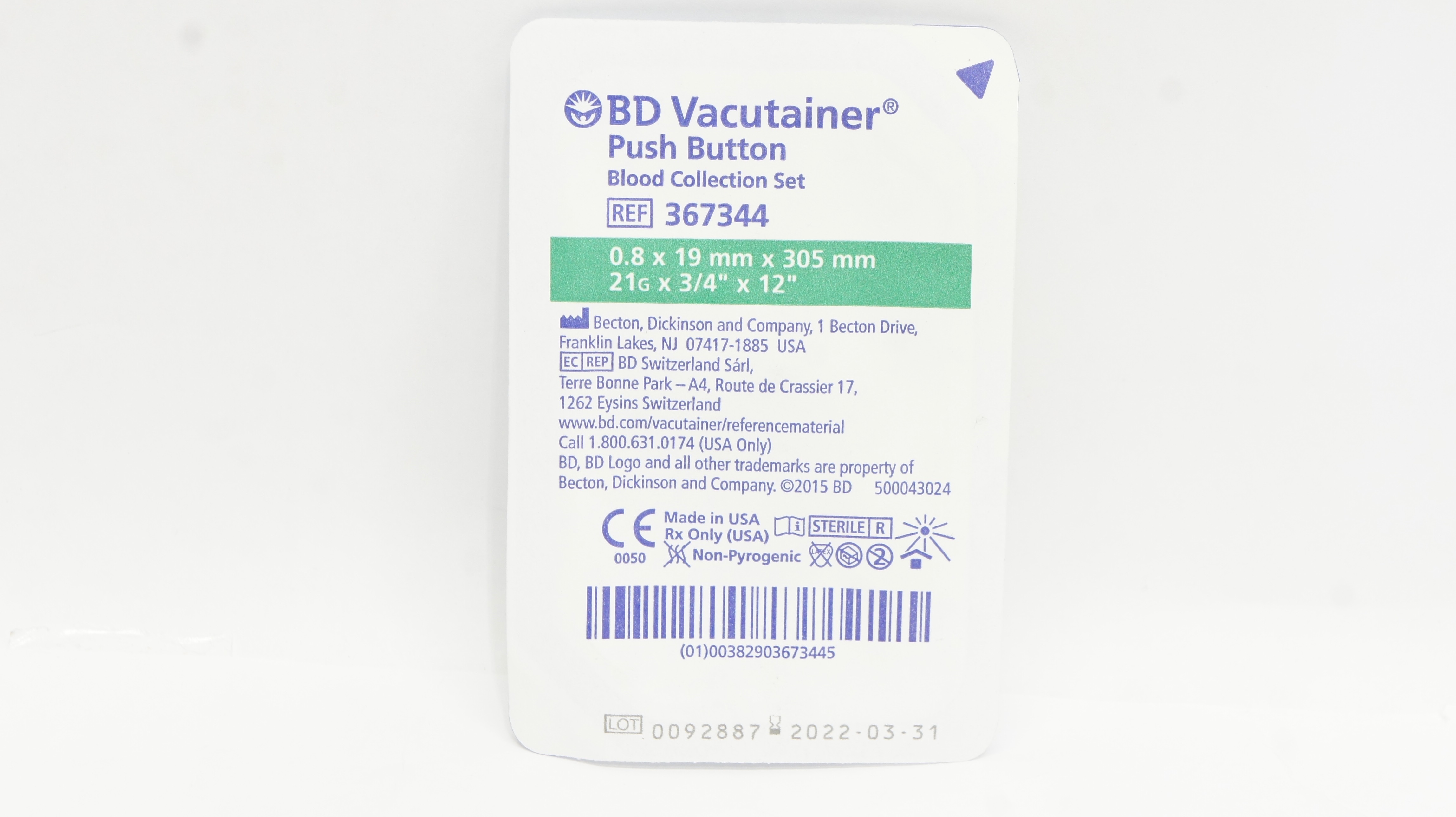 BD 367344 Vacutainer Push Button Blood Collection Set 21G x 3/4inch x 12inch (x)