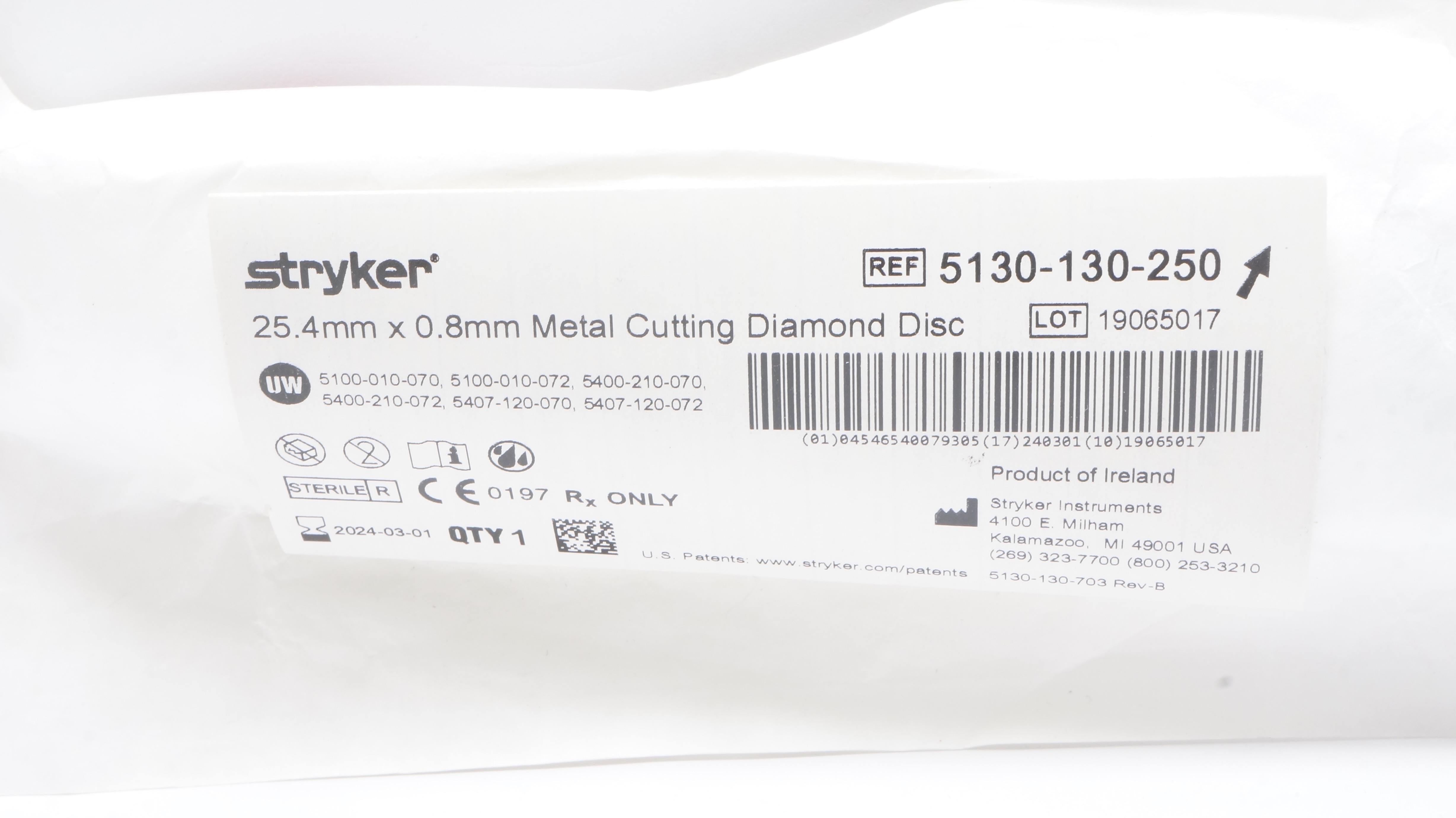 Stryker 5130-130-250 Metal Cutting Diamond Disc, Long 25.4mm x 0.8mm (x)