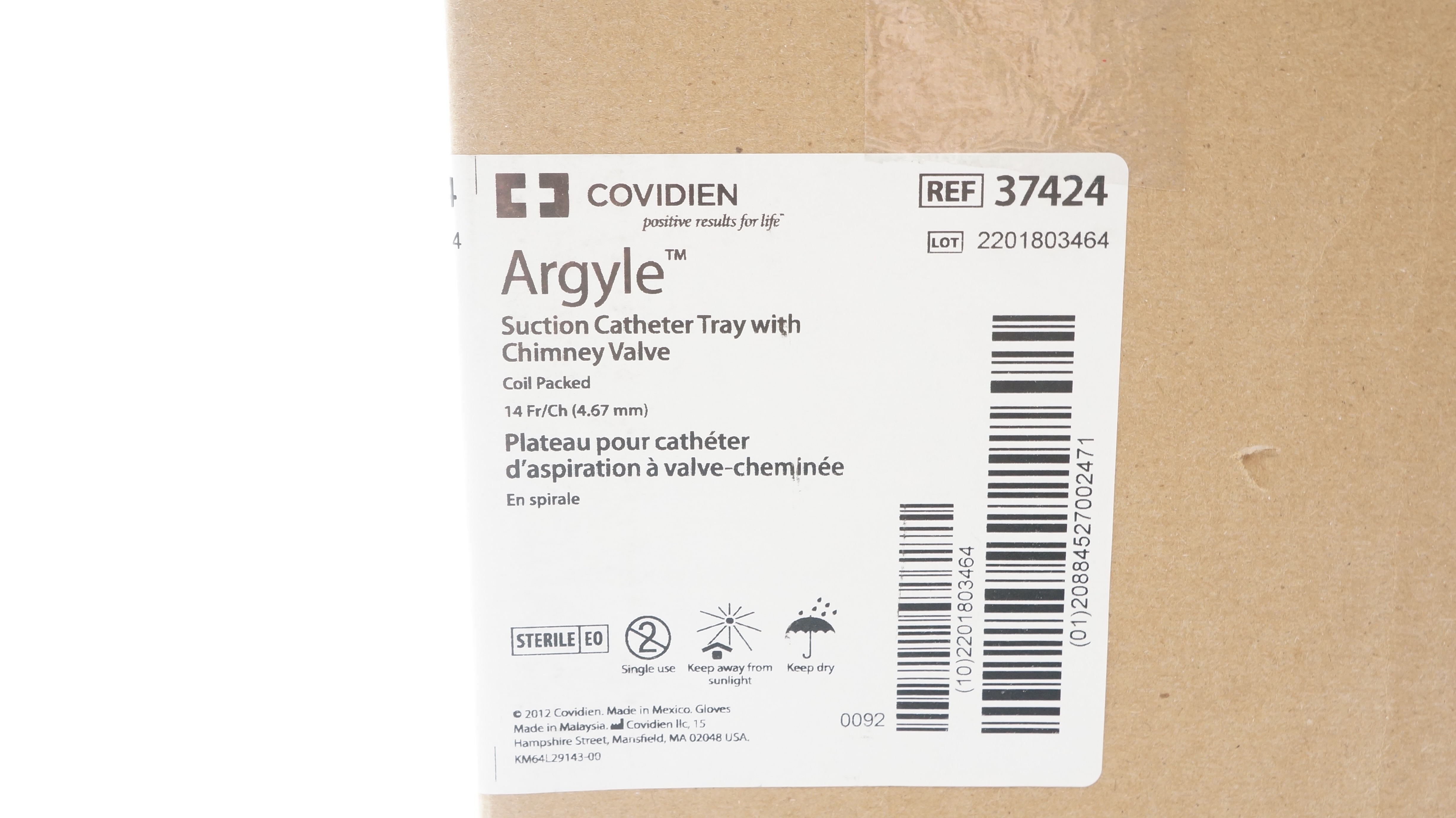 Covidien 37424 Argyle Suction Cath. Tray with Chimney Valve 14Fr/Ch - Box of 50
