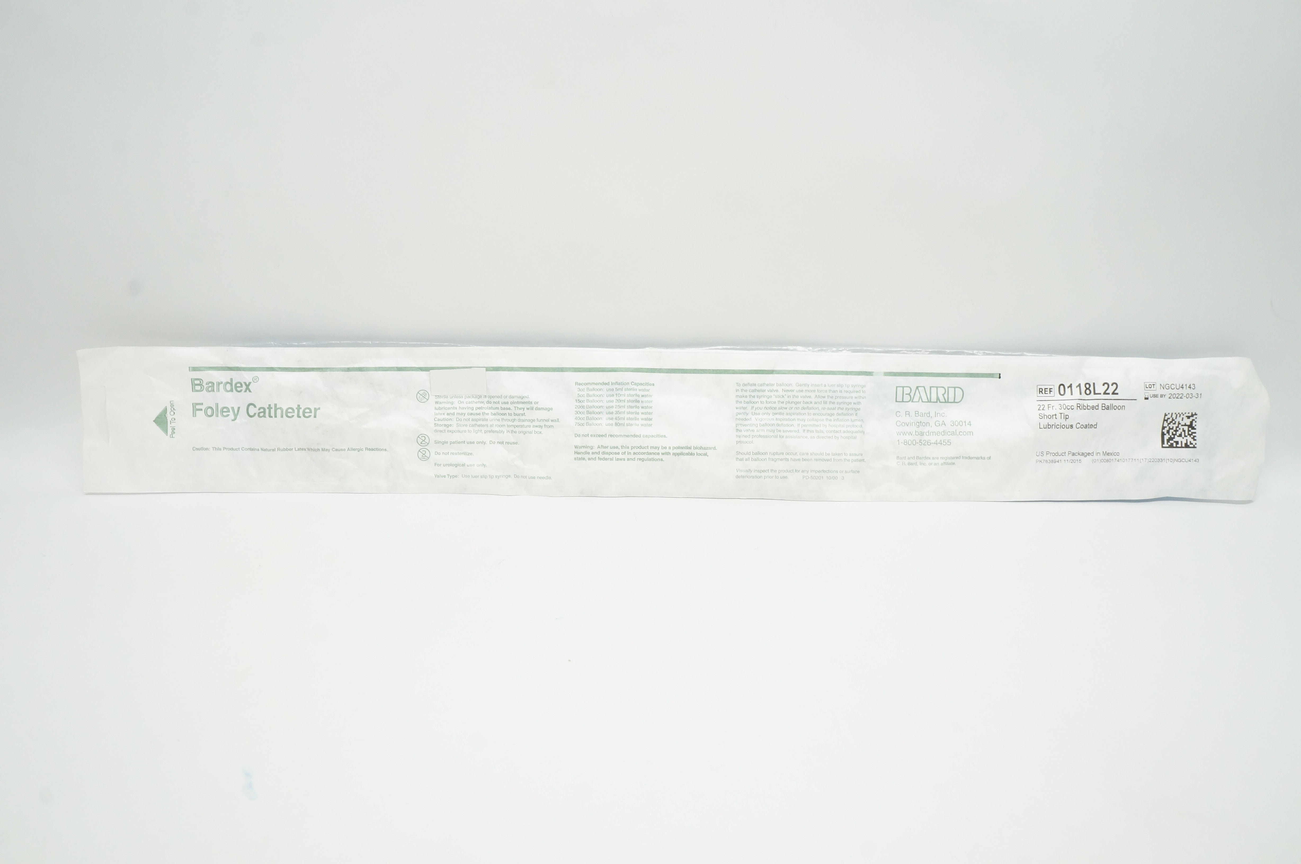 Bard 0118L22 Bardex Foley Cath. 22Fr 30cc Ribbed Balloon Short Tip