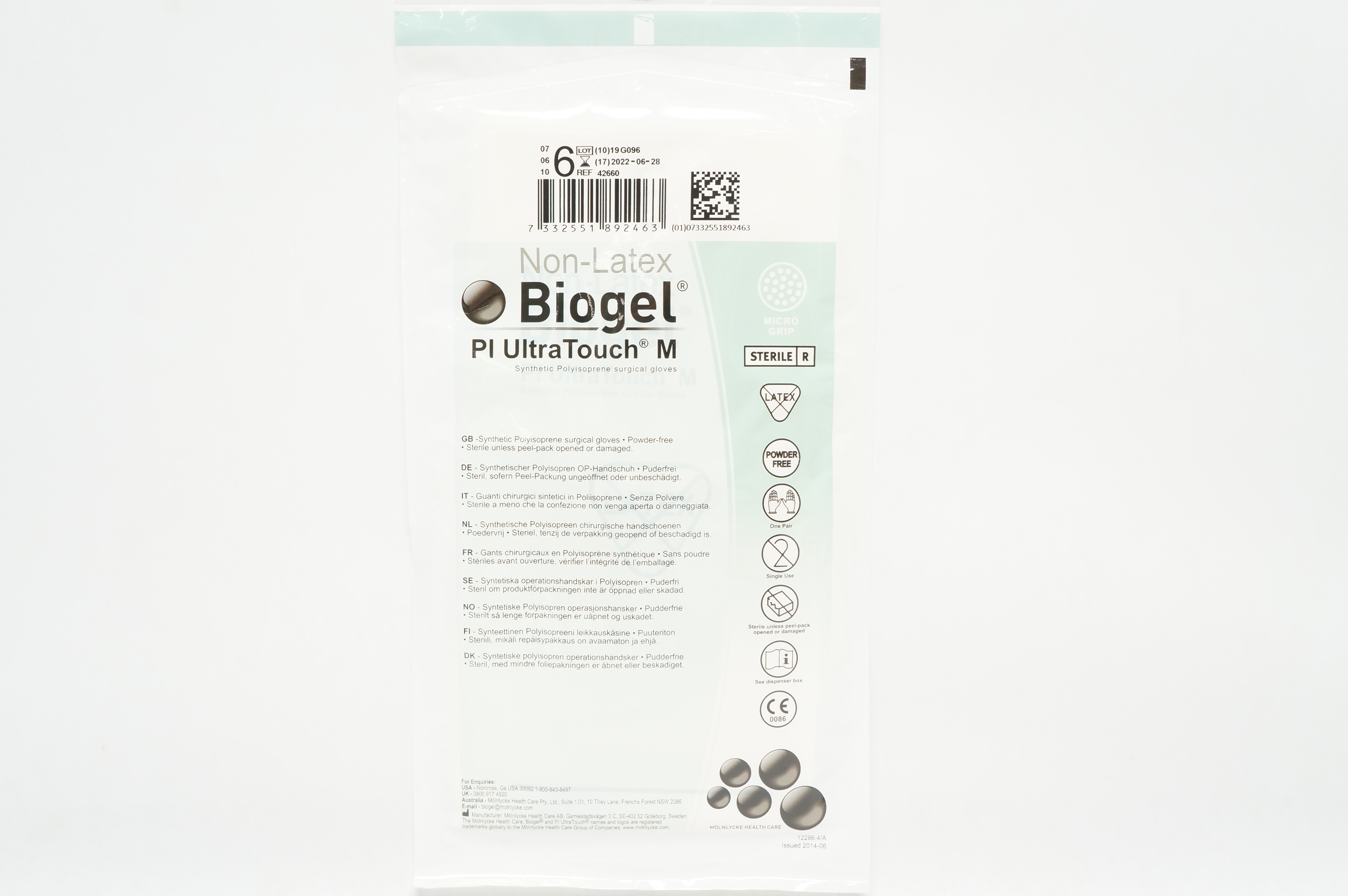 Molnlycke Healthcare 42660 Biogel PI UltraTouch M Polyisoprene Surgical Gloves 6