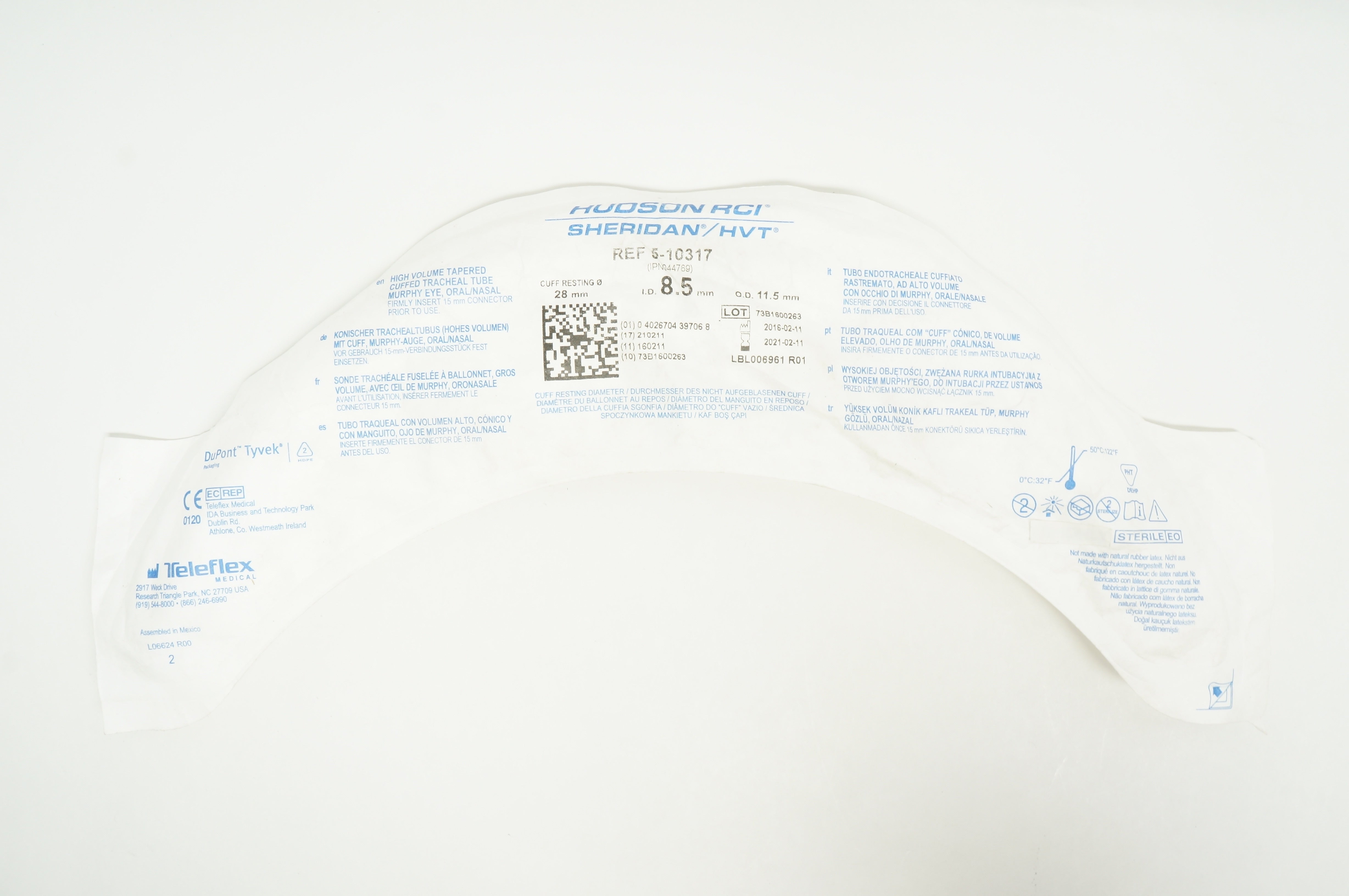 Teleflex 5-10317 Hudson RCI Tapered Cuffed Tracheal Tube 8.5mm ID x 11.5mm OD(x)
