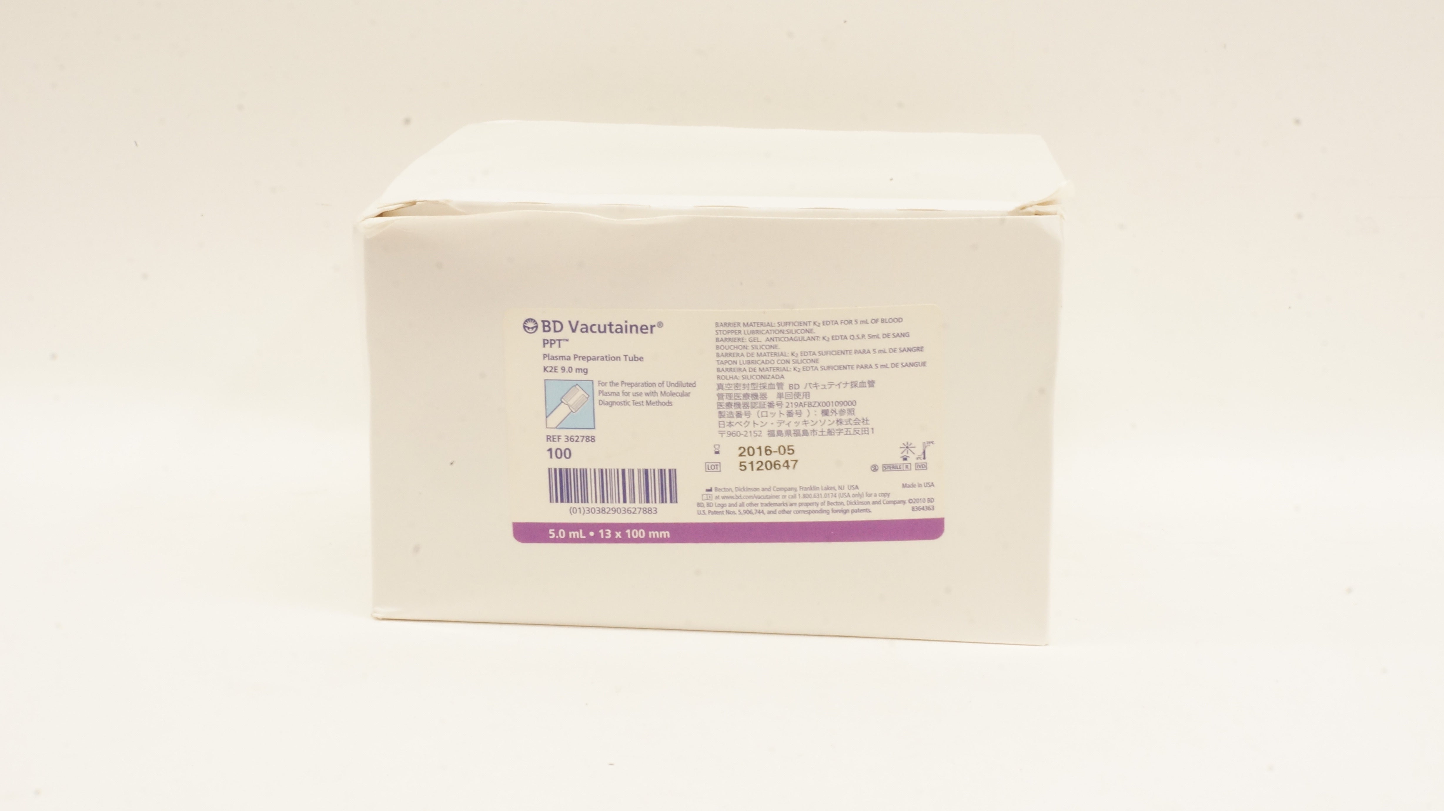 BD 362788 Vacutainer PPT Plasma Preparation Tube K2E 9.0mg - Box of 100 (x)