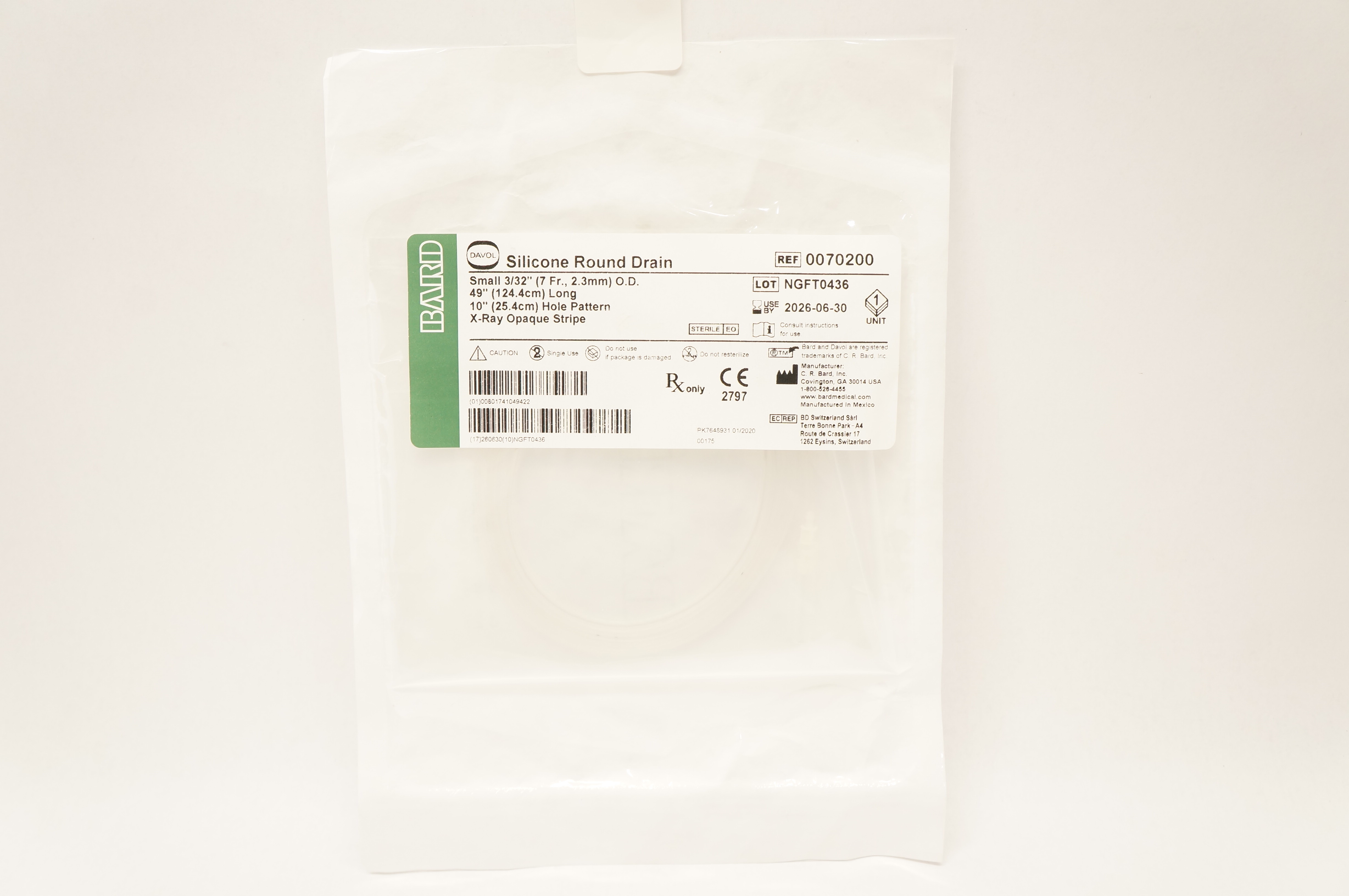 Bard 0070200 Davol Silicone Round Drain Small 3/32inch O.D. x 49inch x 10inch