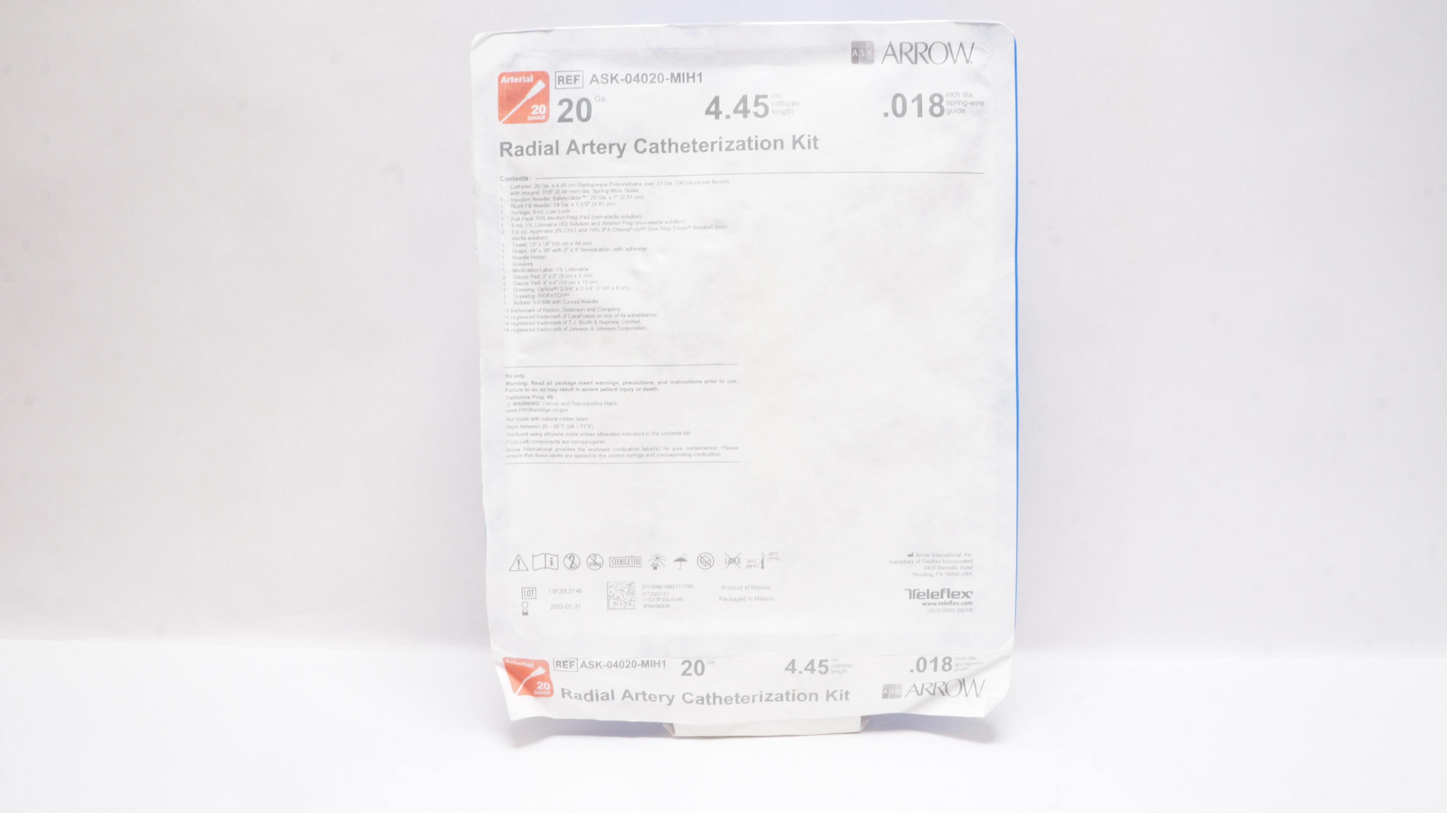 Arrow ASK-04020-MIH1 Radial Artery Catheterization Kit 20Ga x4.45cm x .018in.(x)