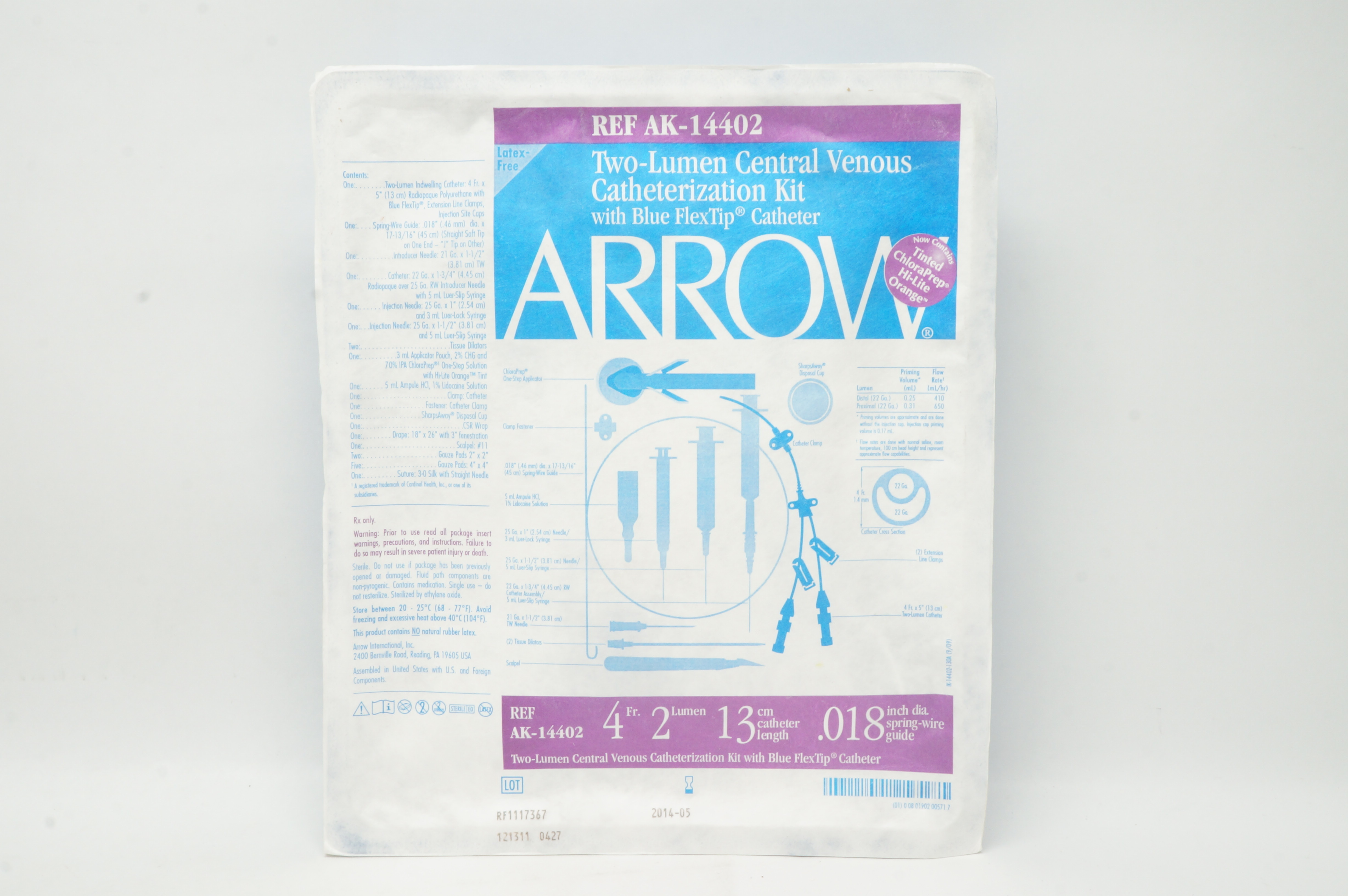Arrow AK-14402 Two-Lumen Central Venous Catheterization Kit 4Fr. (x)