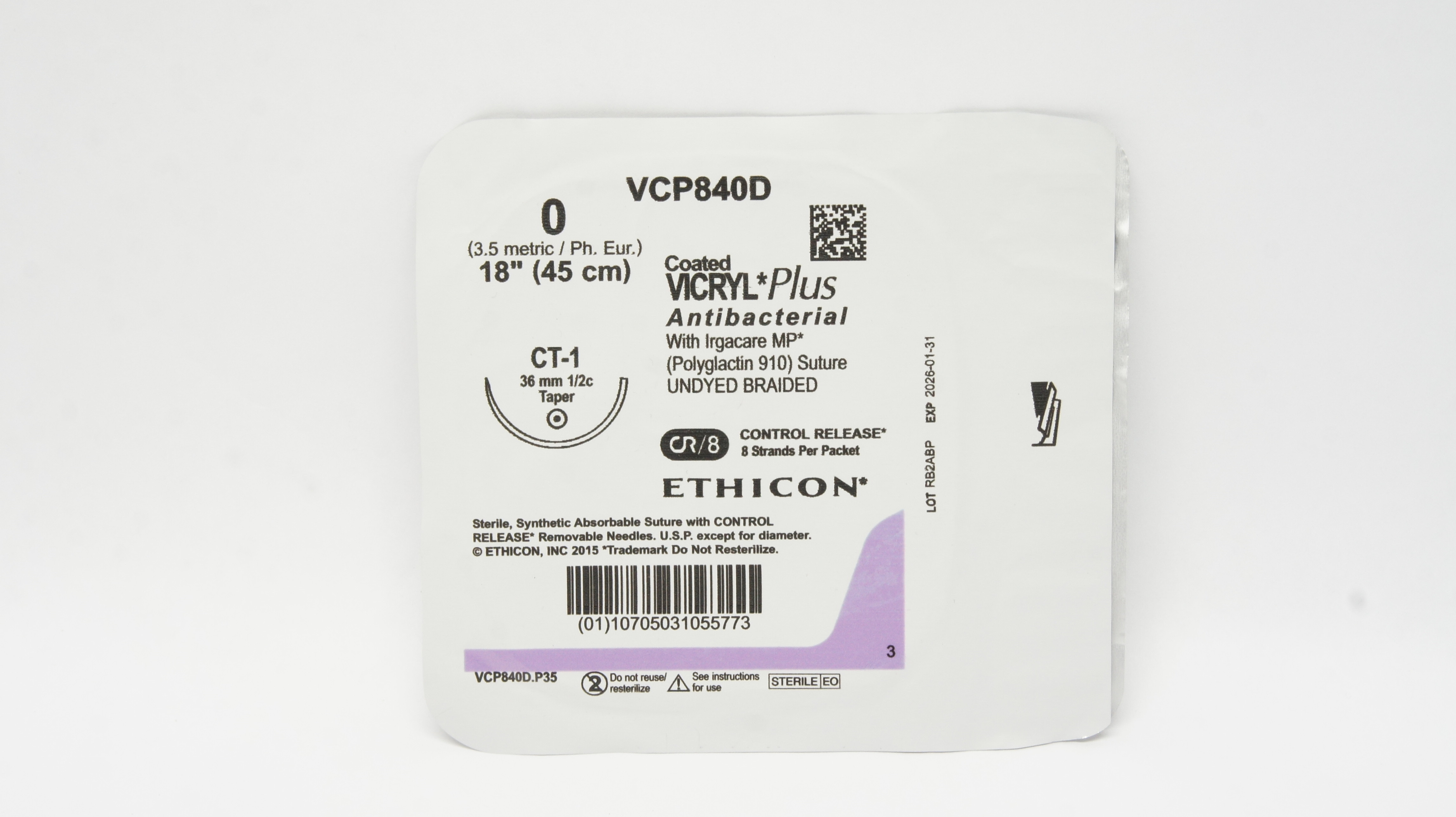 Ethicon VCP840D 0 Coated Vicryl Plus Stre CT-1 36mm 1/2c Taper, 18inch
