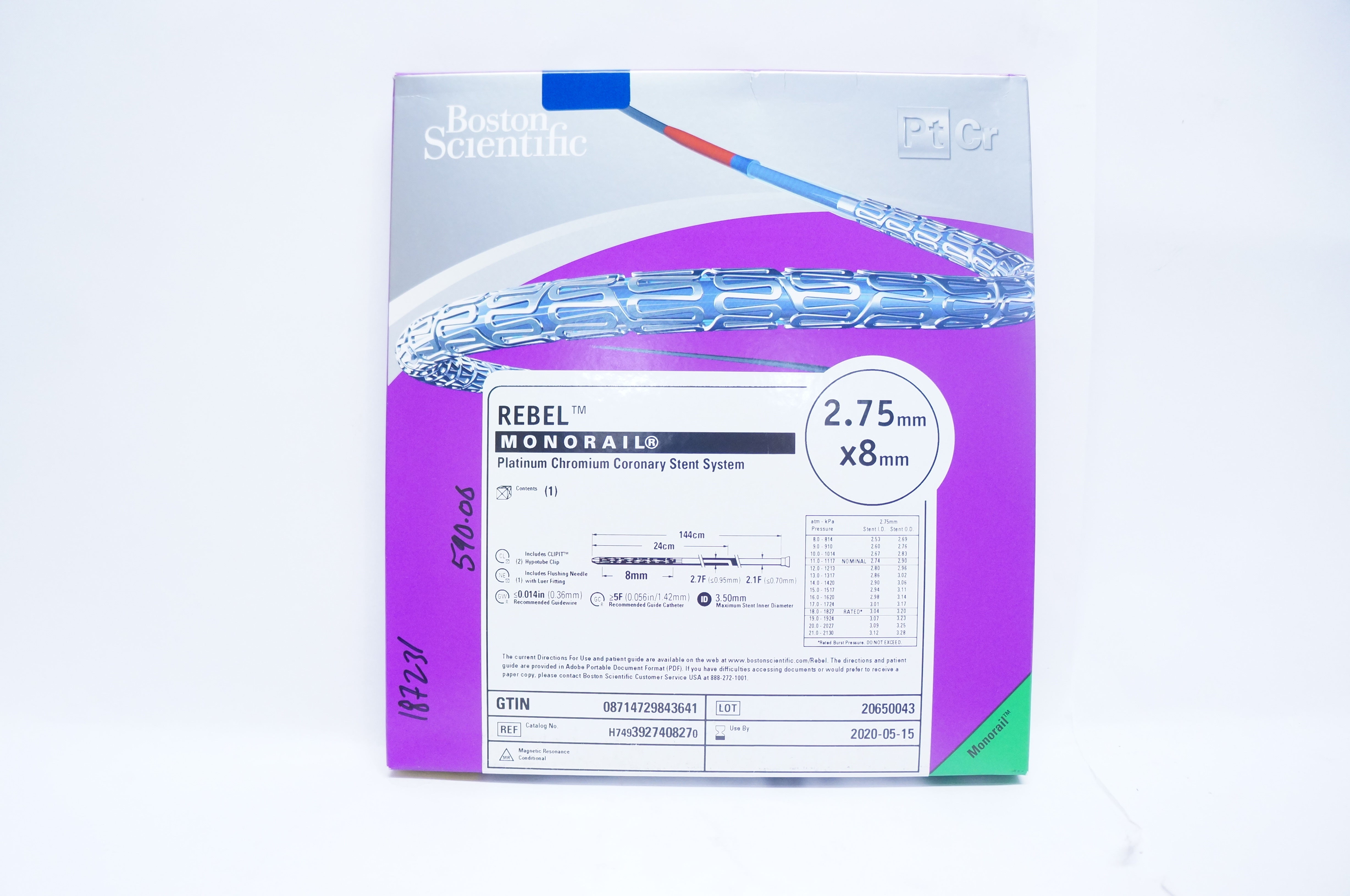 Boston Scientific 392740827 REBEL Monorail Platinum Chromium 2.75mm x 8mm (x)