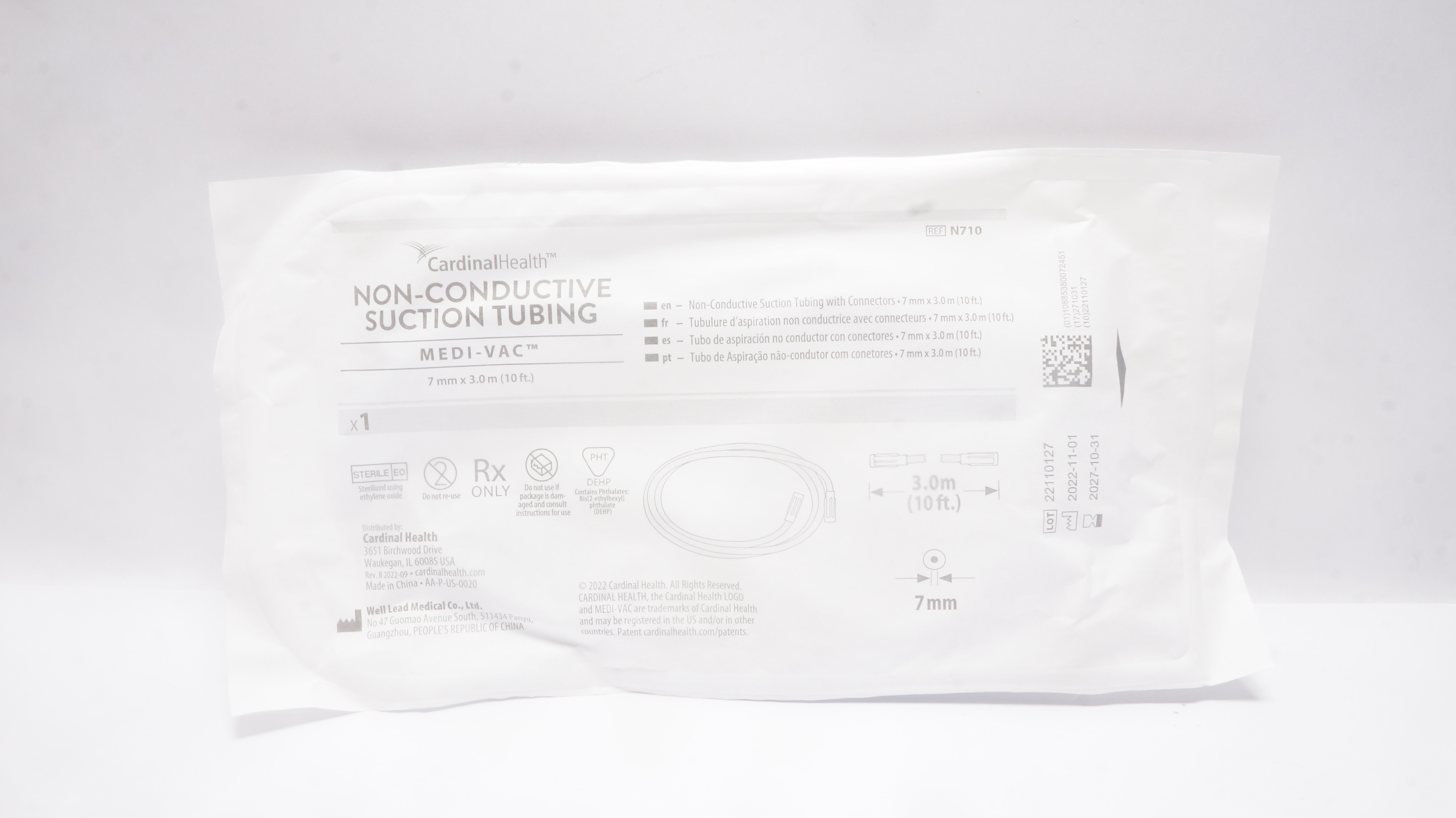 Cardinal Health N710 Medi-Vac Non-Conductive Suction Tubing 7mm ID x 3m Length