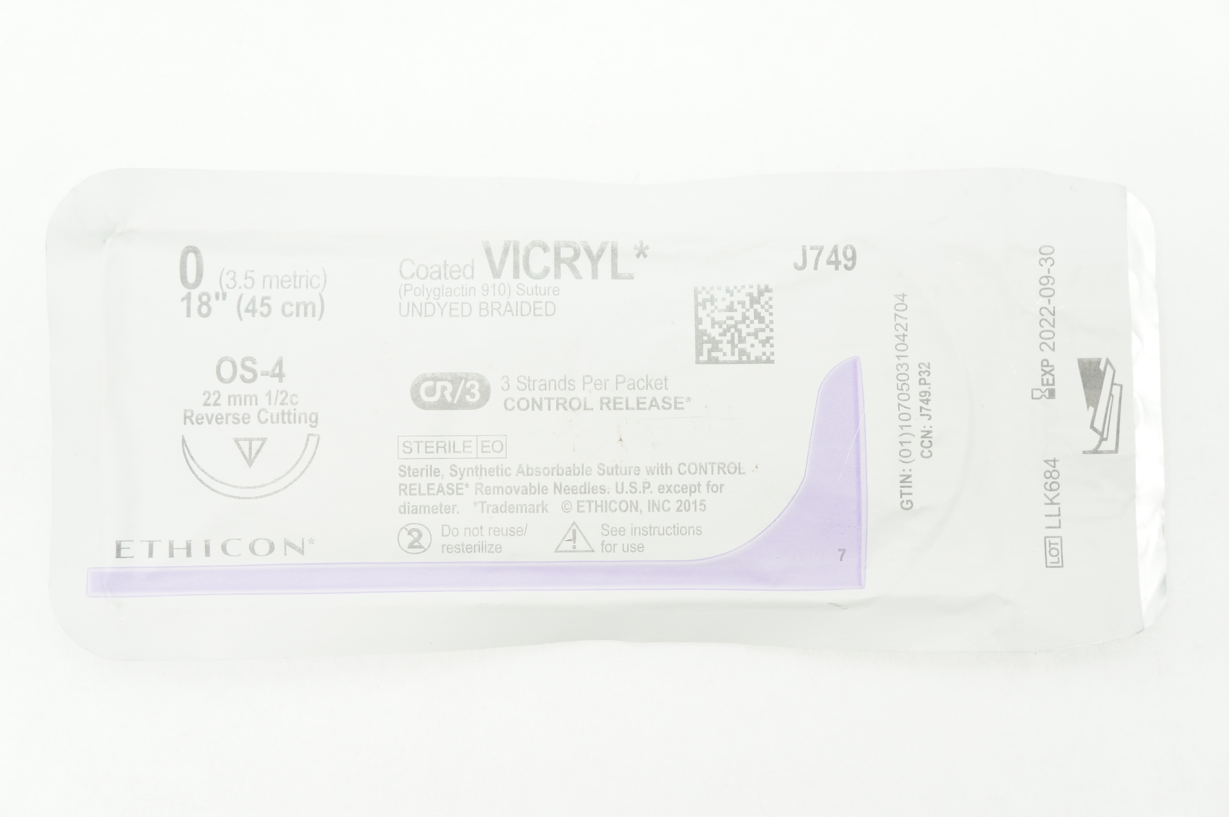 Ethicon J749 0 VICRYL OS-4, 22mm 1/2c Reverse Cutting, 18 inch