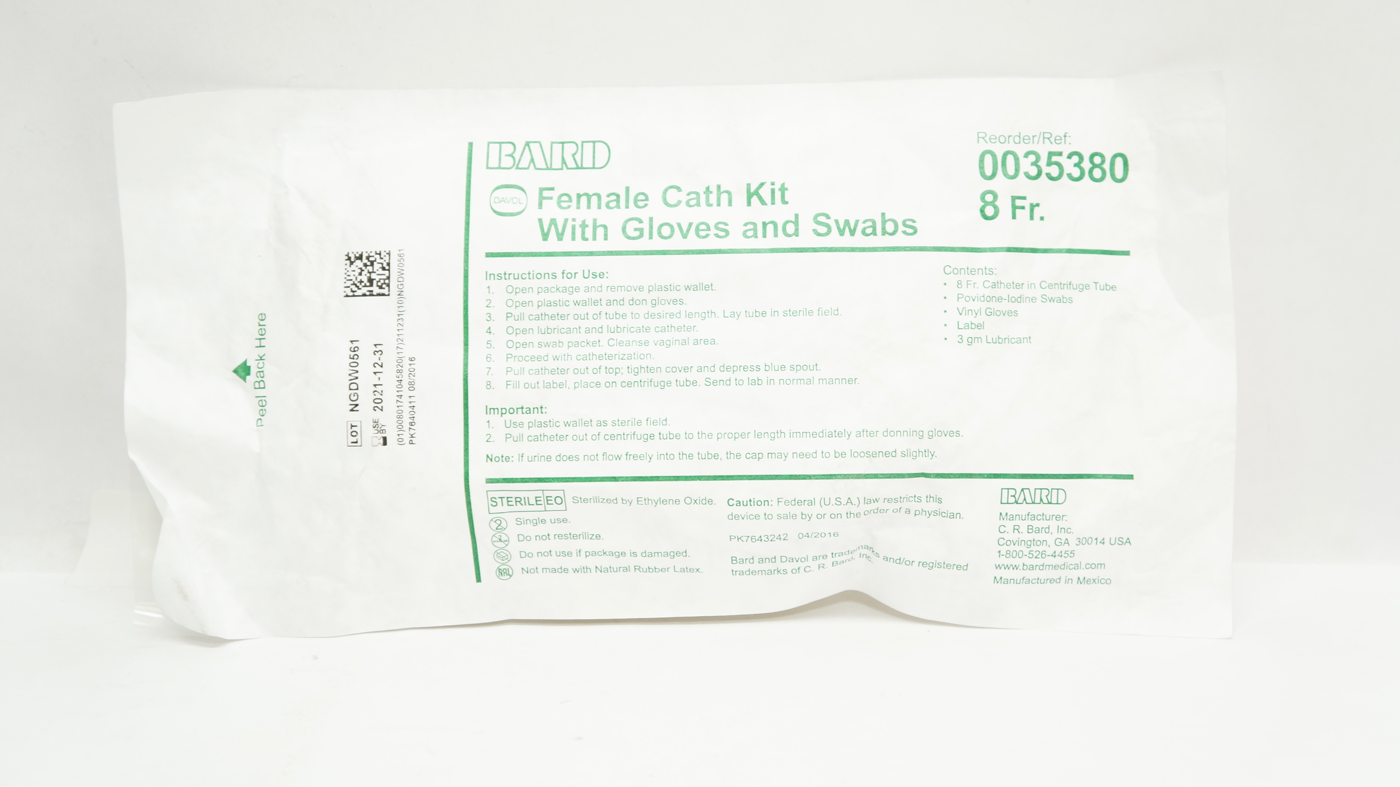 Bard 0035380 Female Cath Kit With Gloves and Swabs 8Fr (x)
