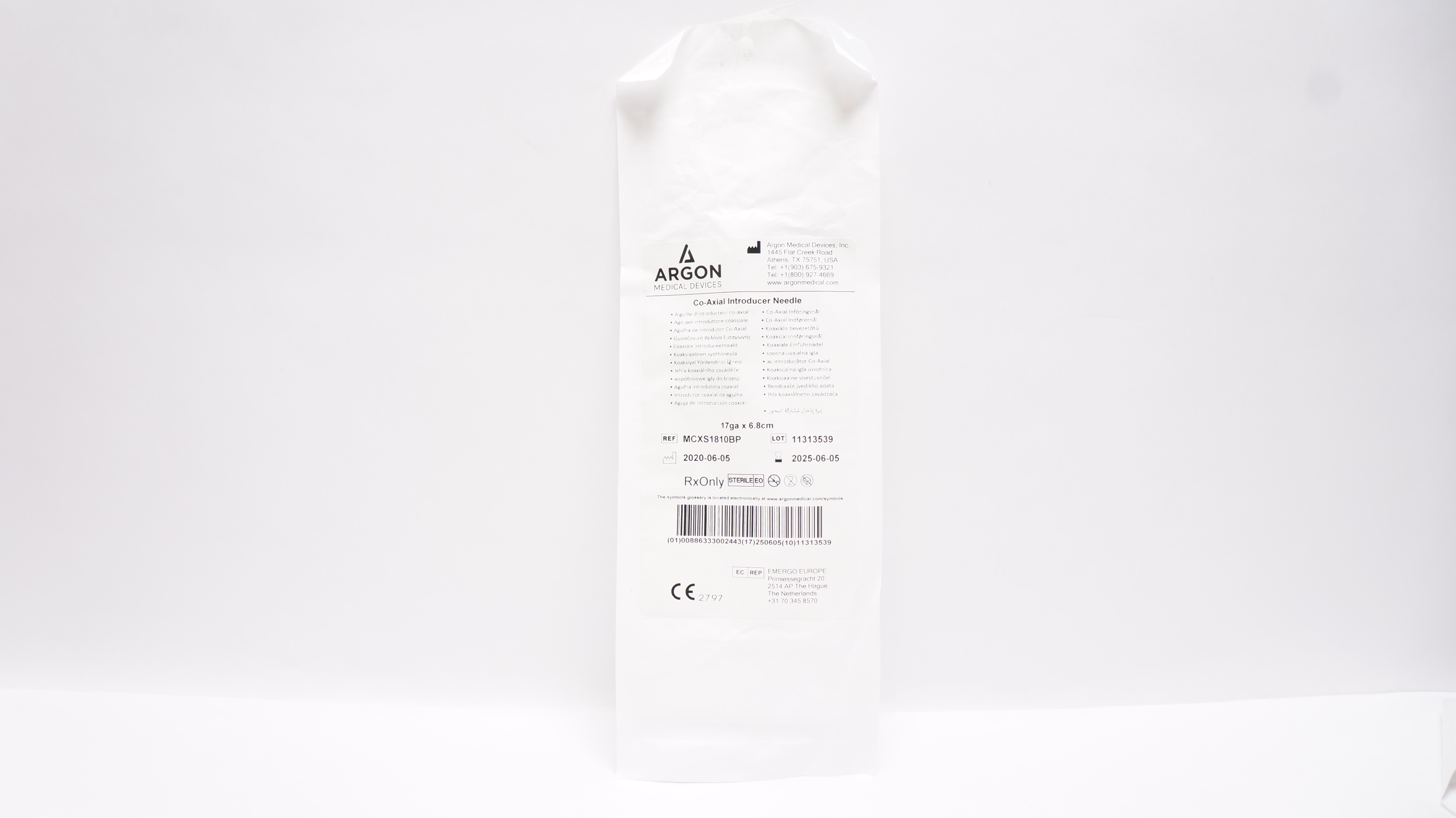 Argon Medical MCXS1810BP Co-Axial Introducer Ndle 17ga x 6.8cm