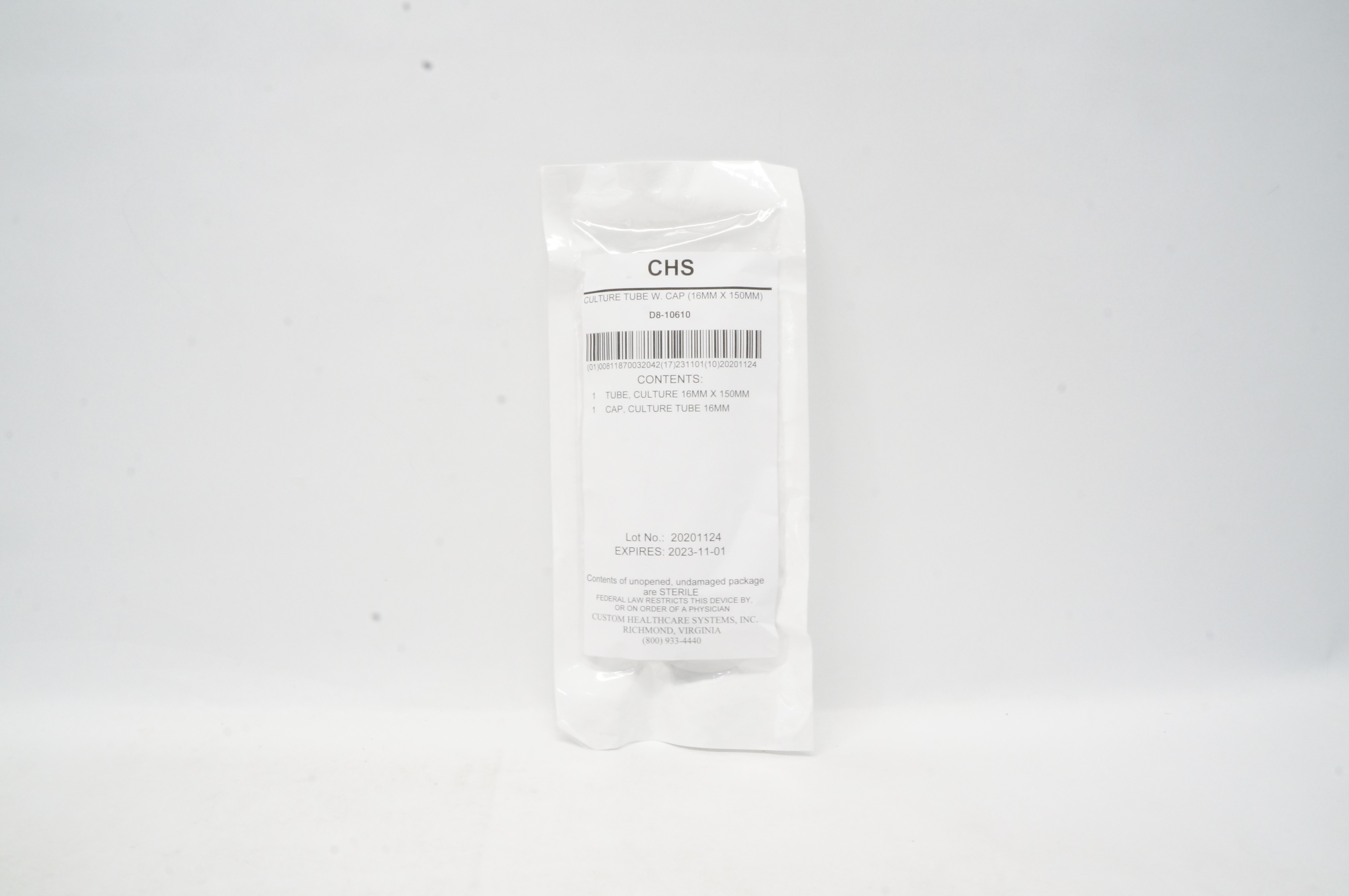 CHS D8-10610 Culture Tube W. Cap 16 mm x 150 mm