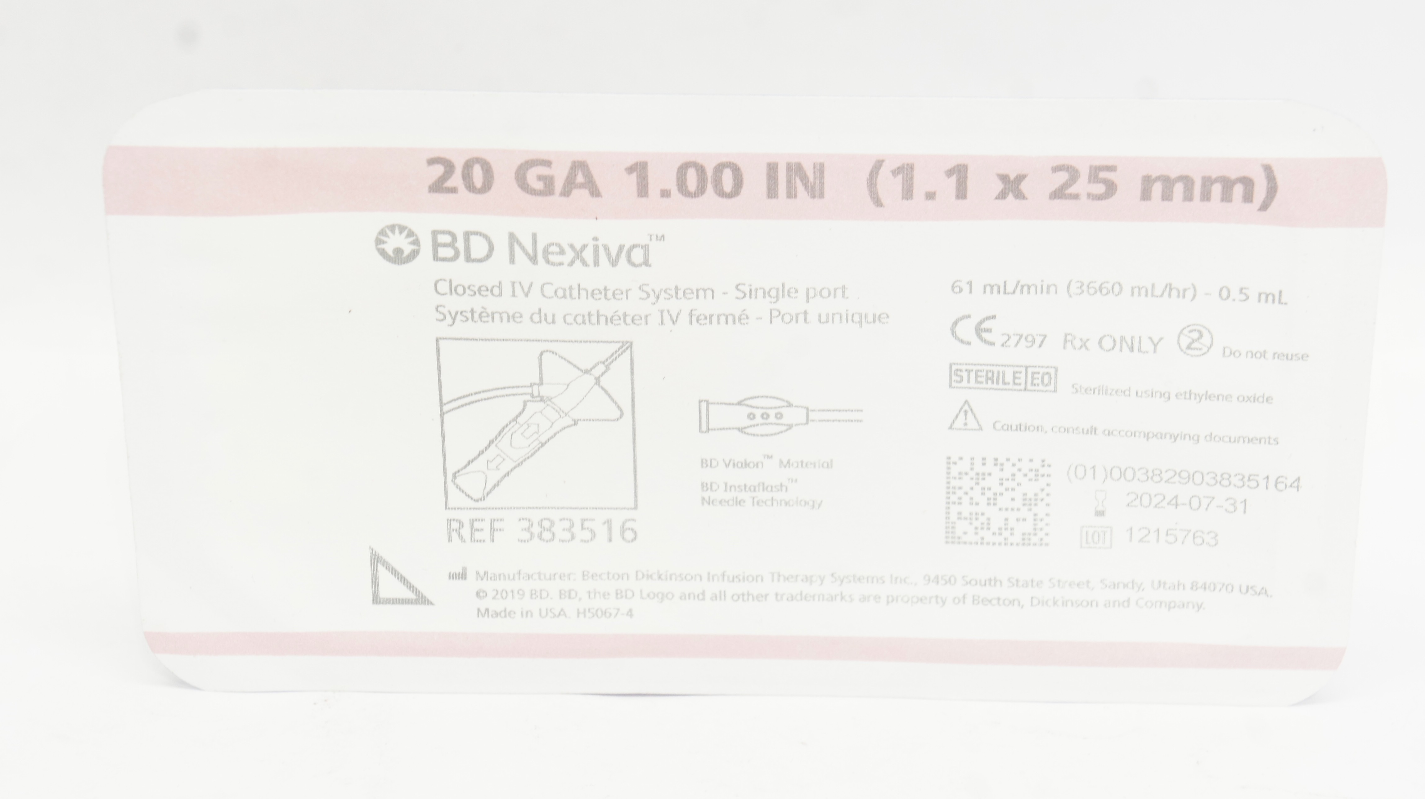 BD 383516 Nexiva Clodsed IV Cath. System - Single Port 20GA x 1.00inch 61mL/min
