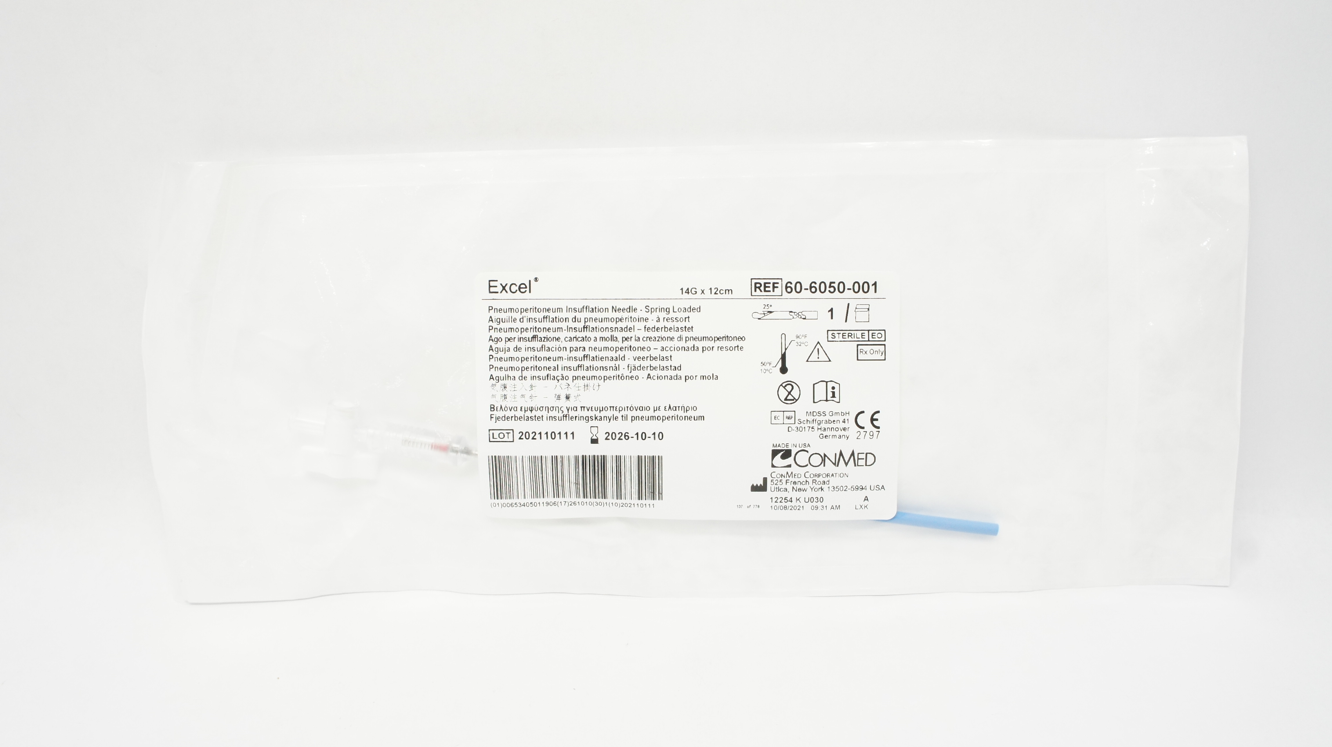 Conmed 60-6050-001 Excel Pneumoperitoneum Insufflation Ndle 14G x 12cm