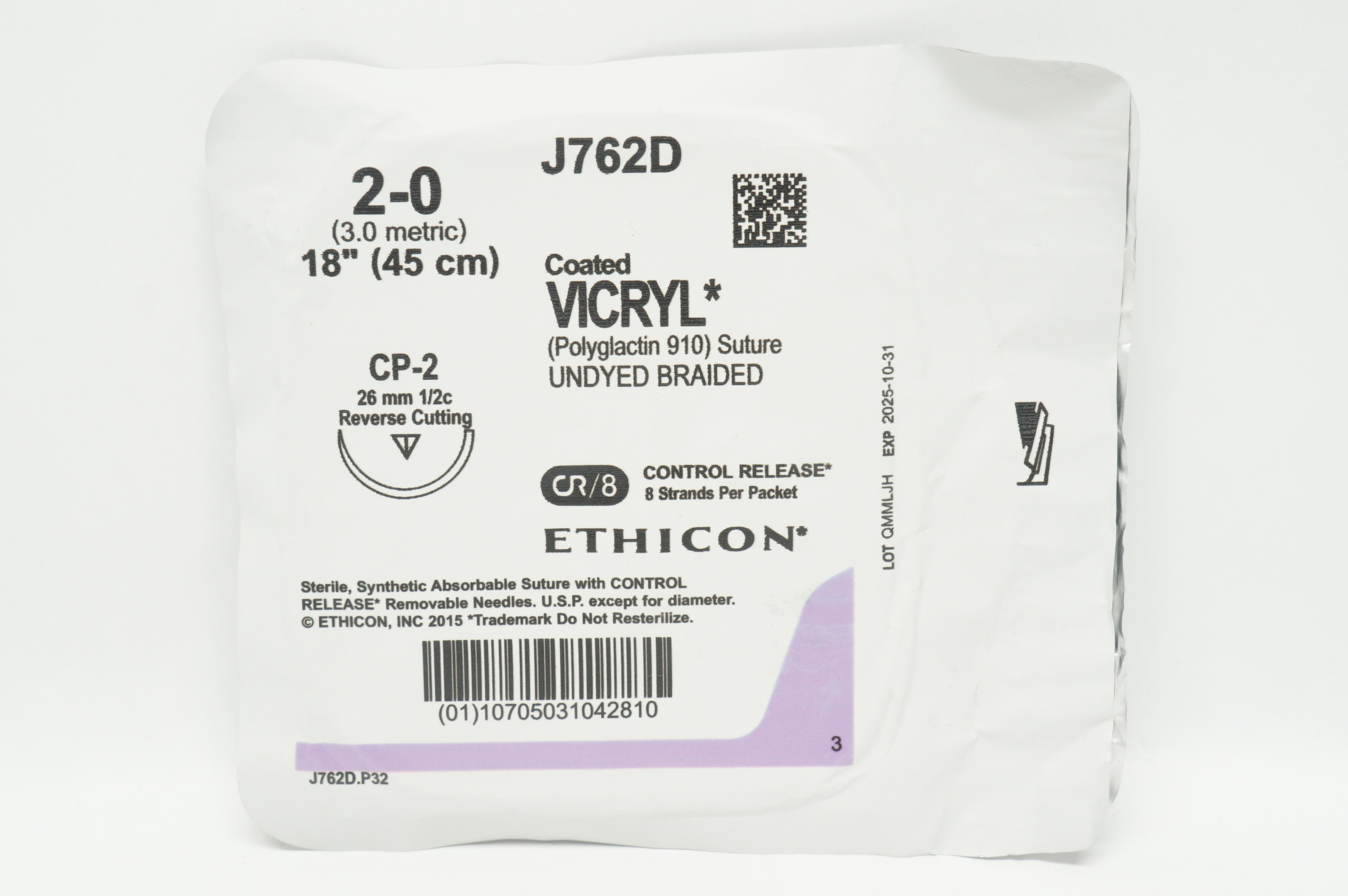 Ethicon J762D 2-0 Coated VICRYL CP-2 26mm 1/2c Reverse Cutting, 18inch